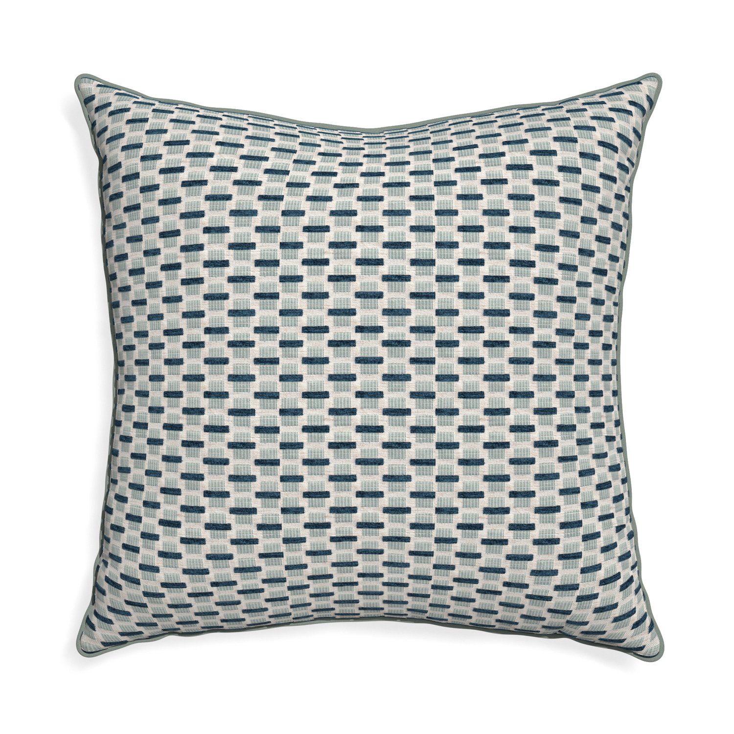 Euro-sham willow amalfi custom blue geometric chenillepillow with sage piping on white background