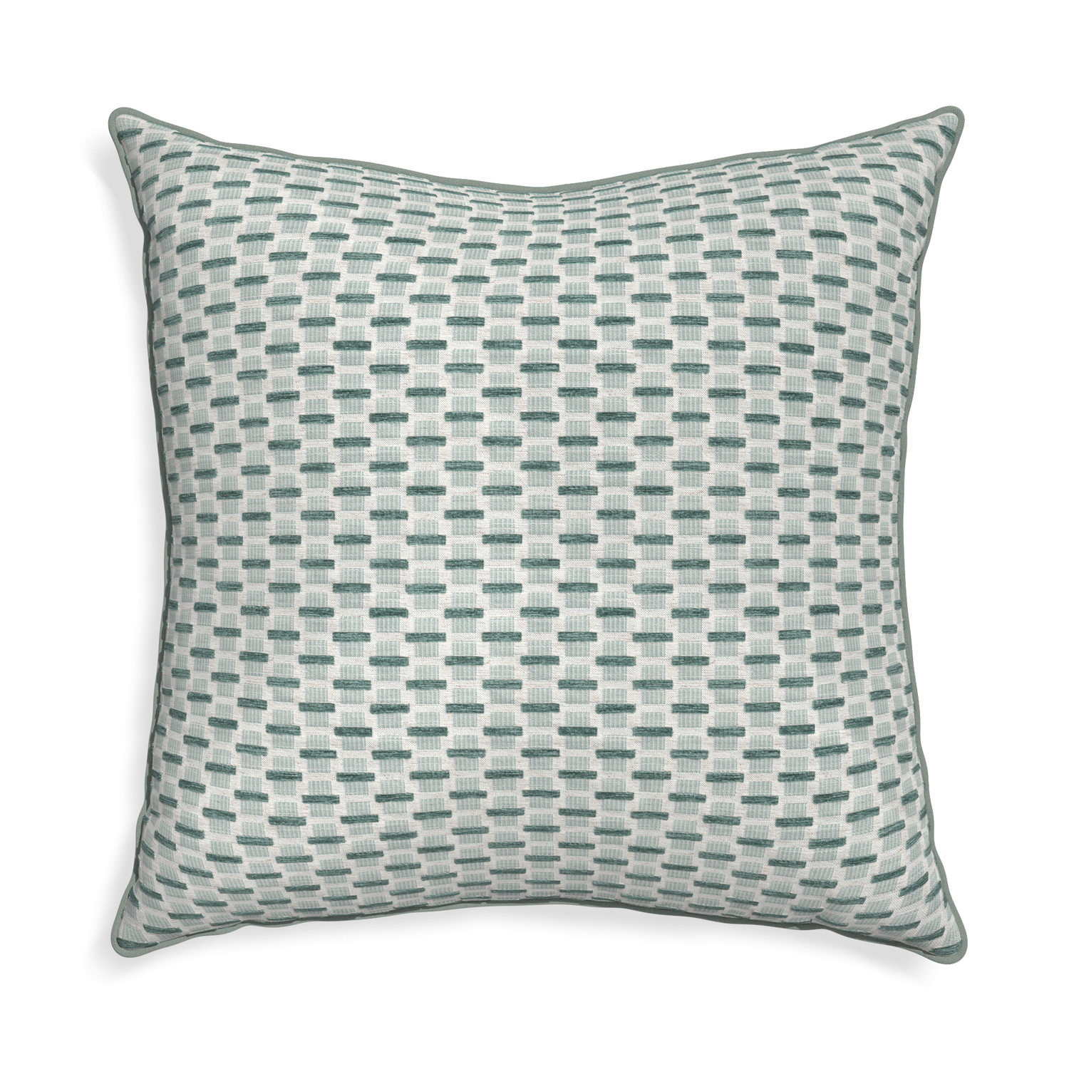 Euro-sham willow mint custom green geometric chenillepillow with sage piping on white background