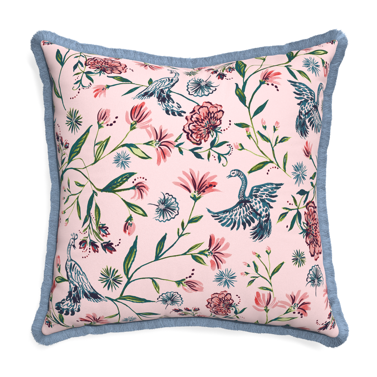 Euro-sham daphne rose custom pillow with sky fringe on white background