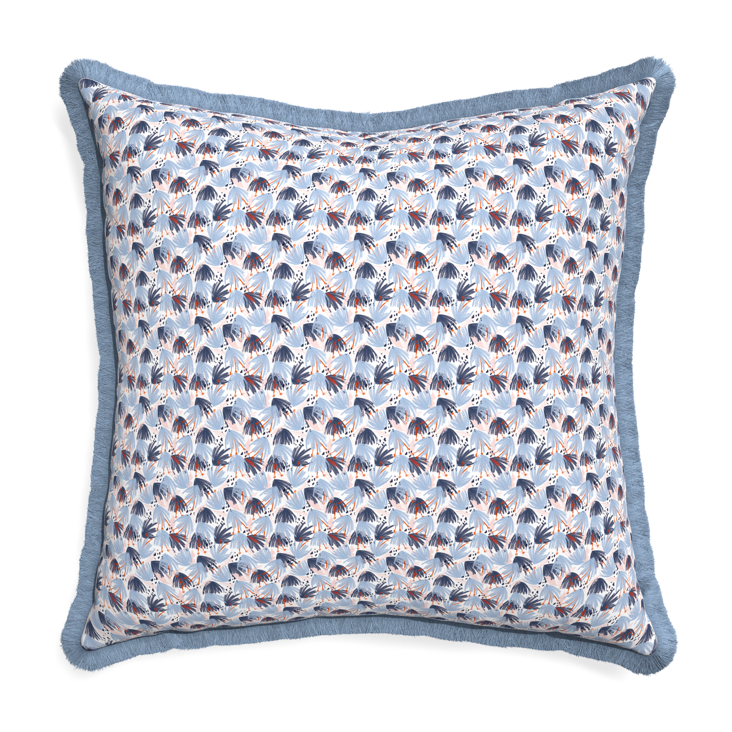 Euro-sham eden blue custom pillow with sky fringe on white background