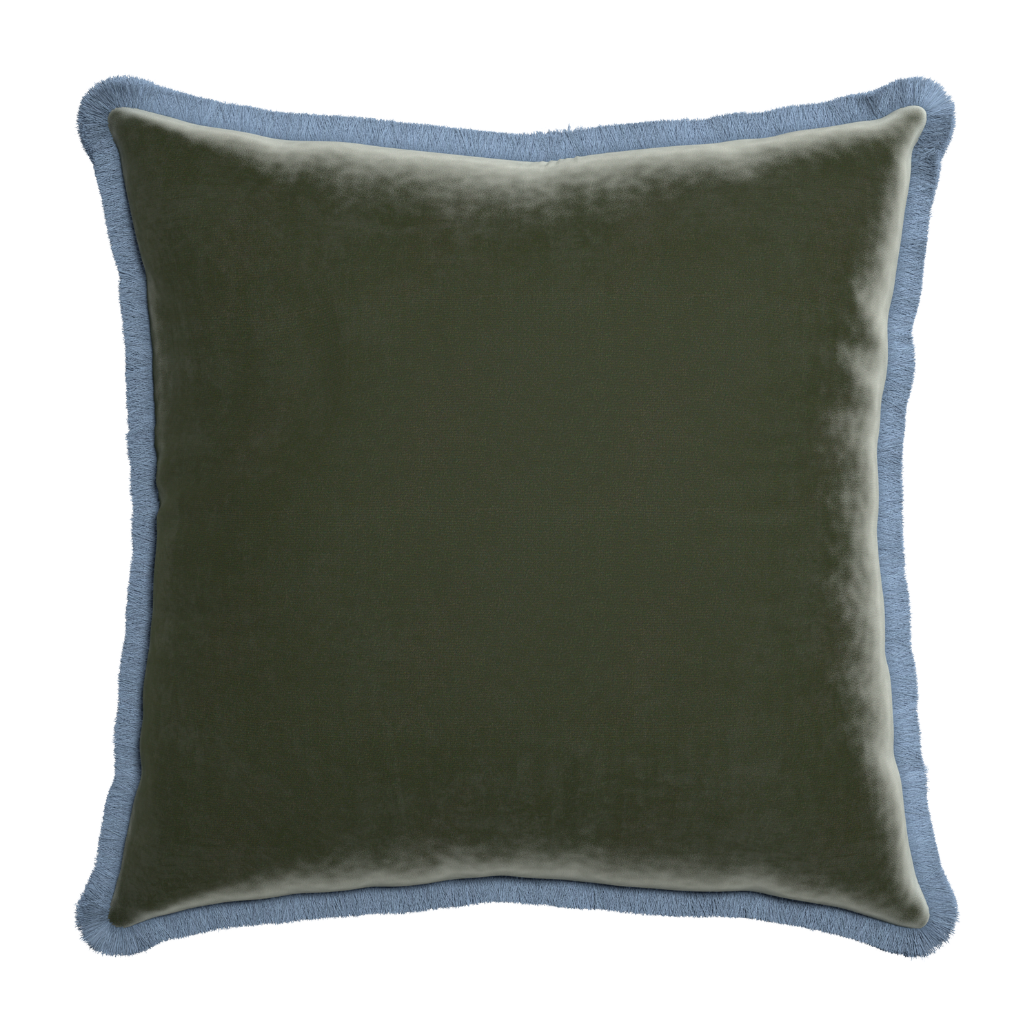 square fern green velvet pillow with sky blue fringe