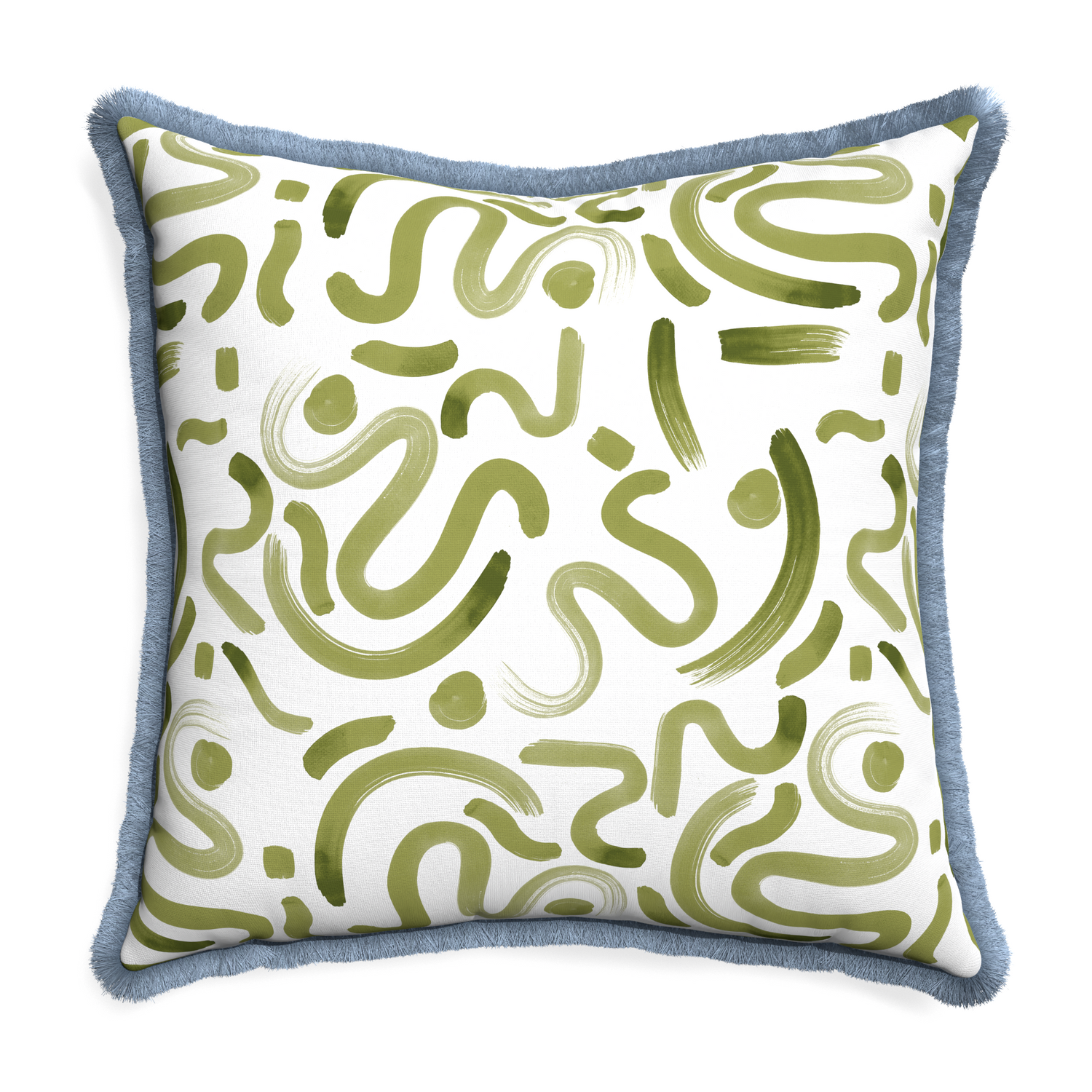 Euro-sham hockney moss custom pillow with sky fringe on white background
