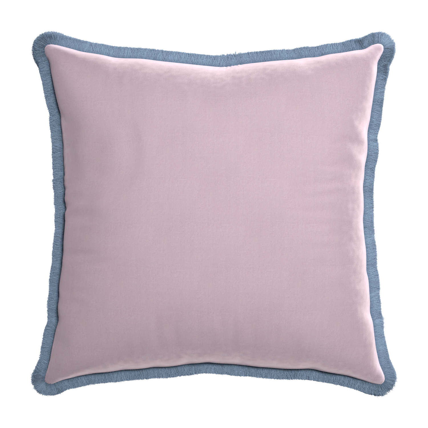 square lilac velvet pillow with sky blue fringe 