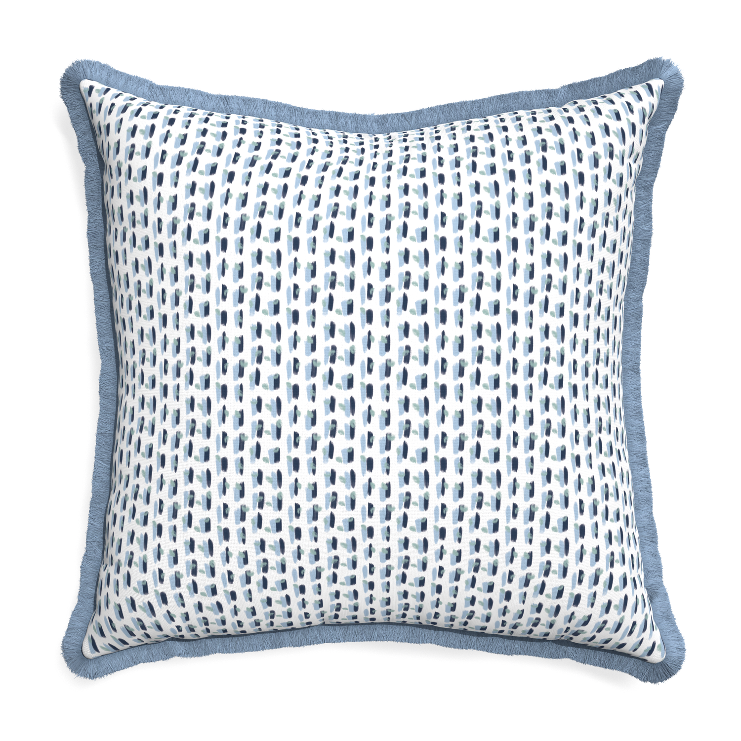 Euro-sham poppy blue custom pillow with sky fringe on white background