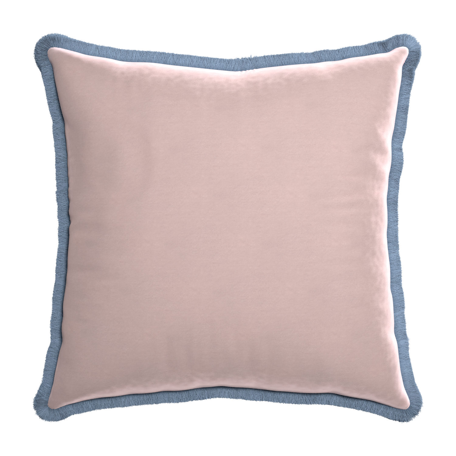 square light pink velvet pillow with sky blue fringe 