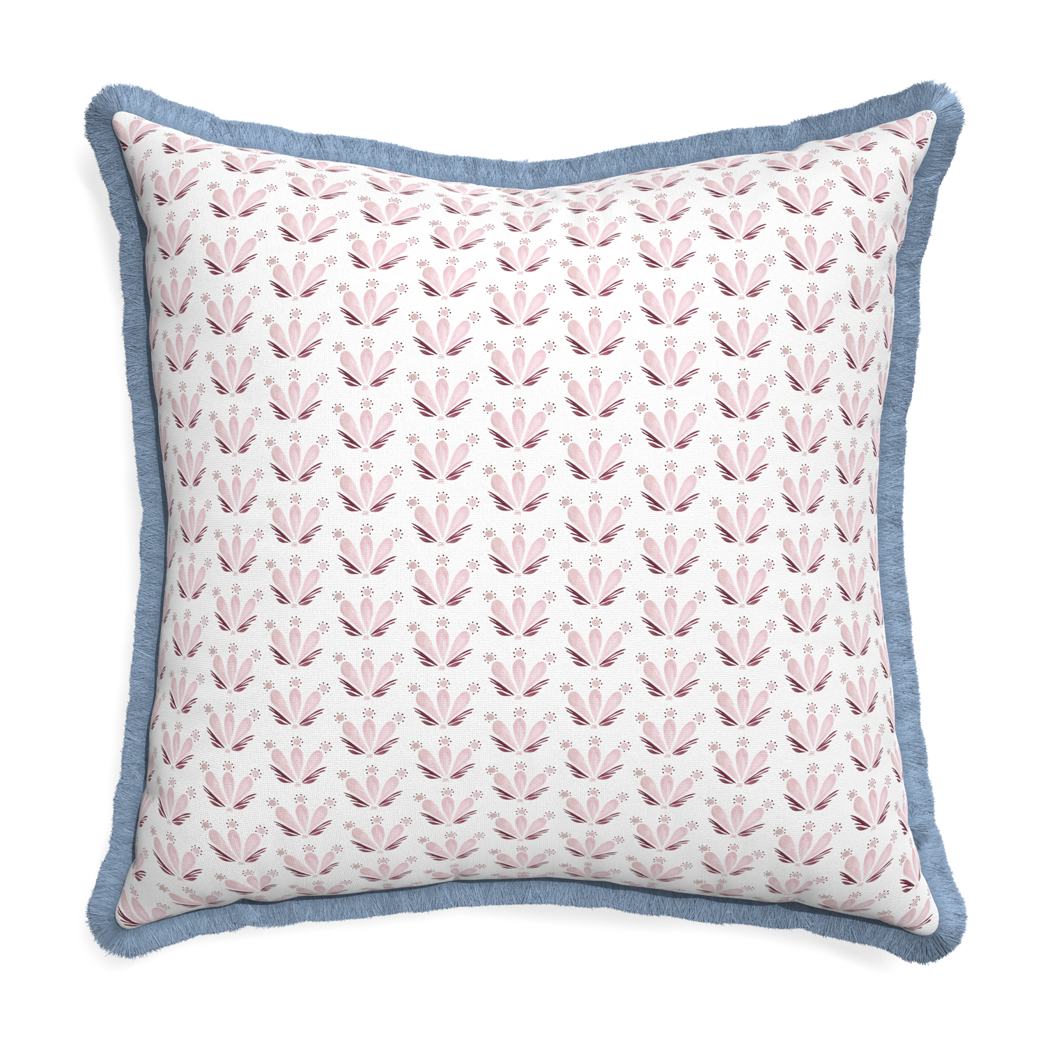 Euro-sham serena pink custom pink & burgundy drop repeat floralpillow with sky fringe on white background