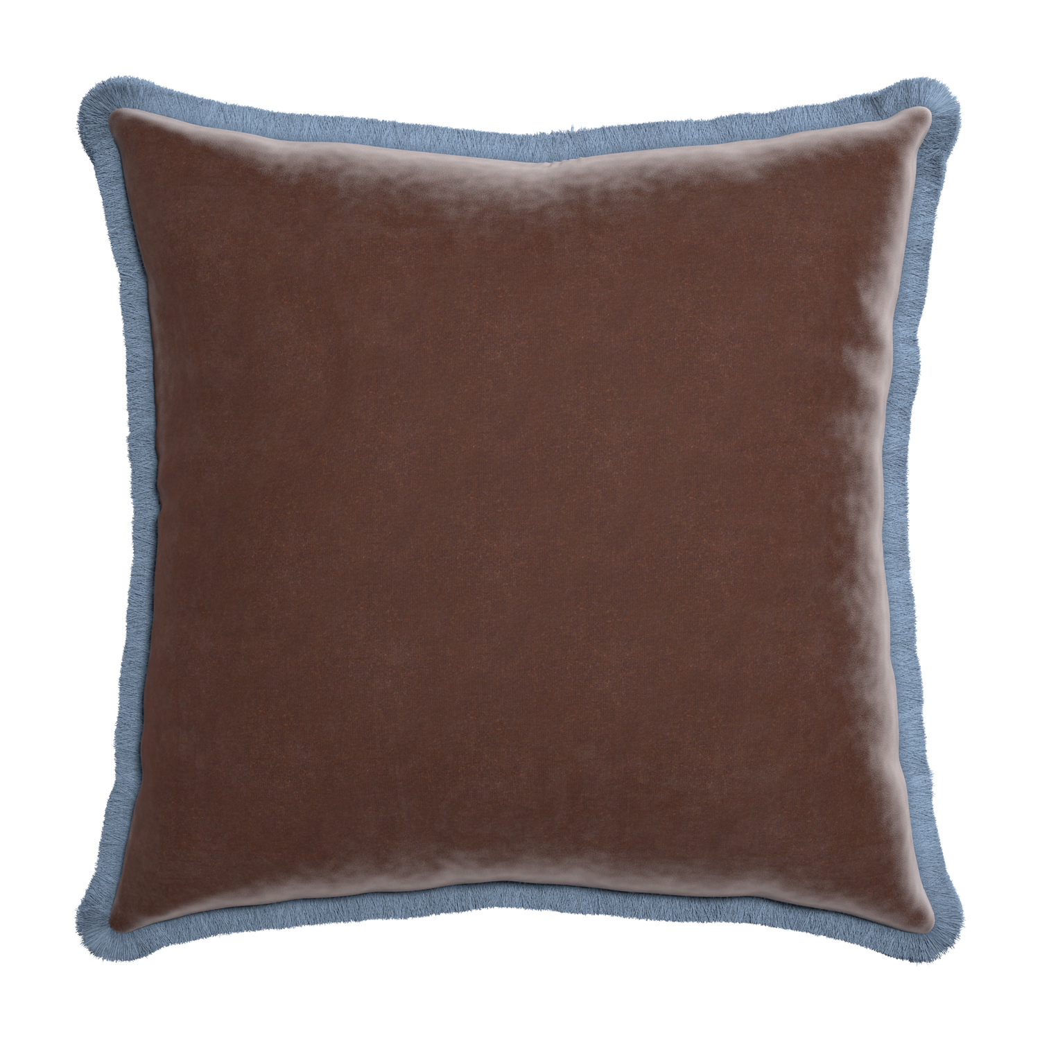 Euro-sham walnut velvet custom pillow with sky fringe on white background