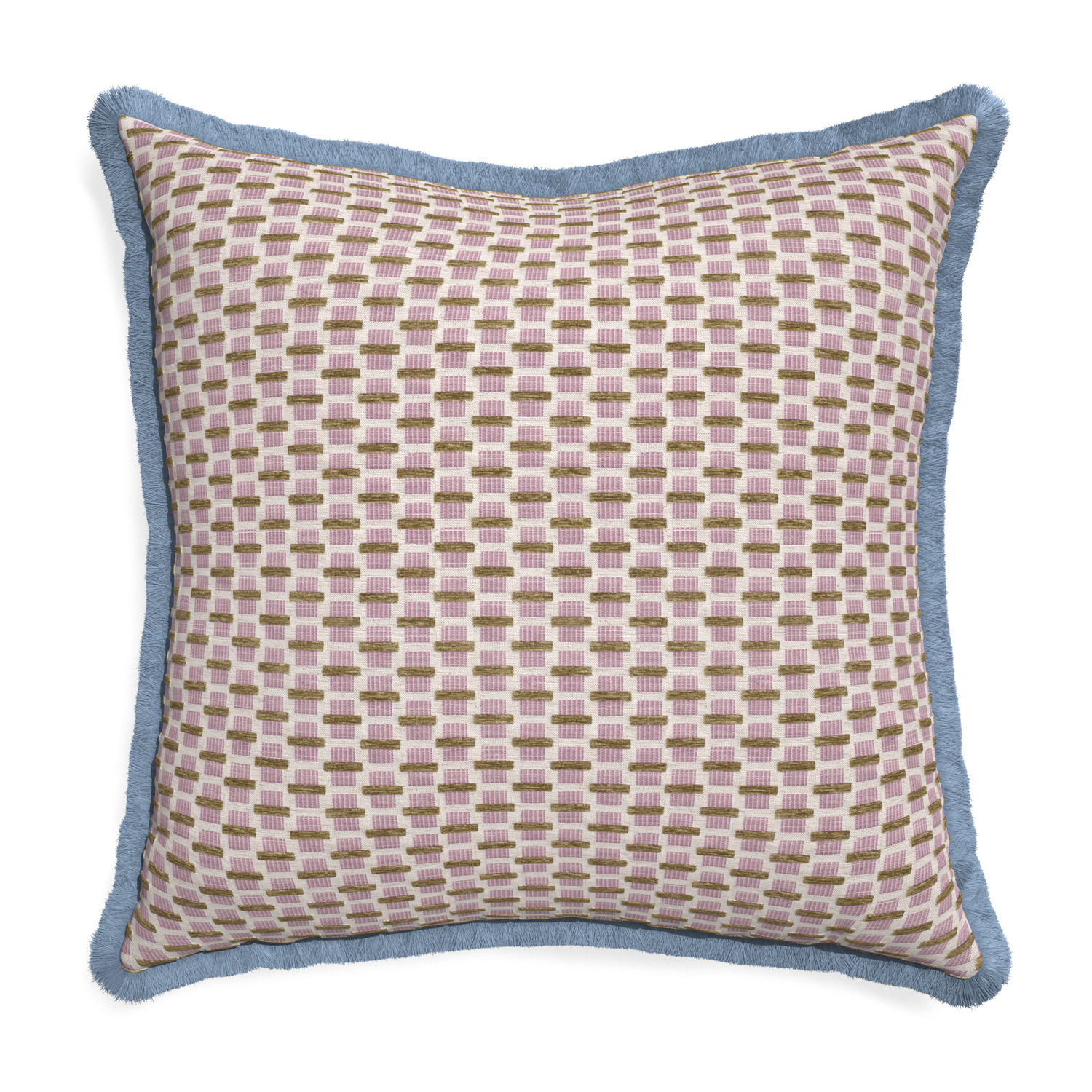 Euro-sham willow orchid custom pink geometric chenillepillow with sky fringe on white background