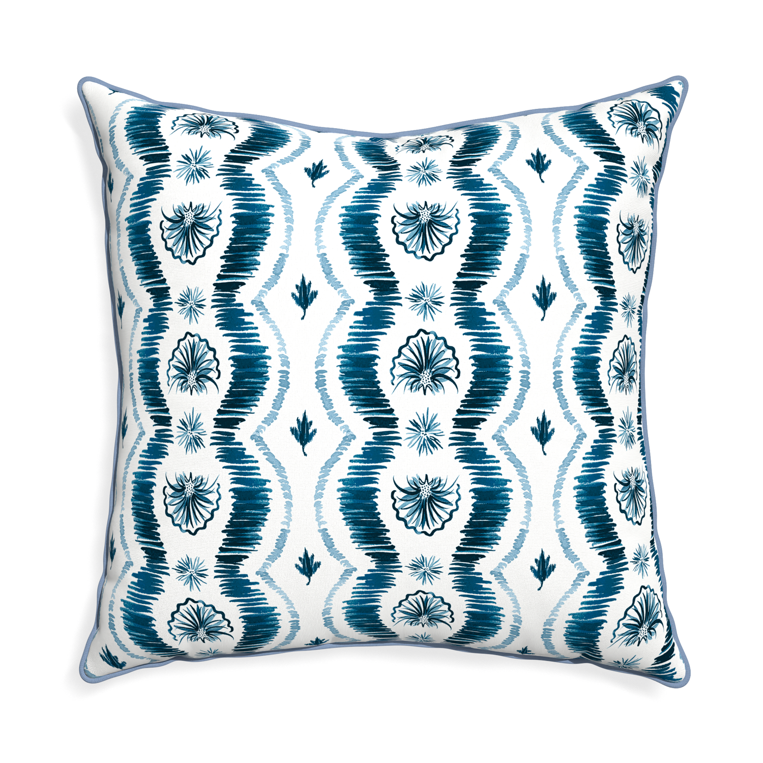 Euro-sham alice custom blue ikatpillow with sky piping on white background