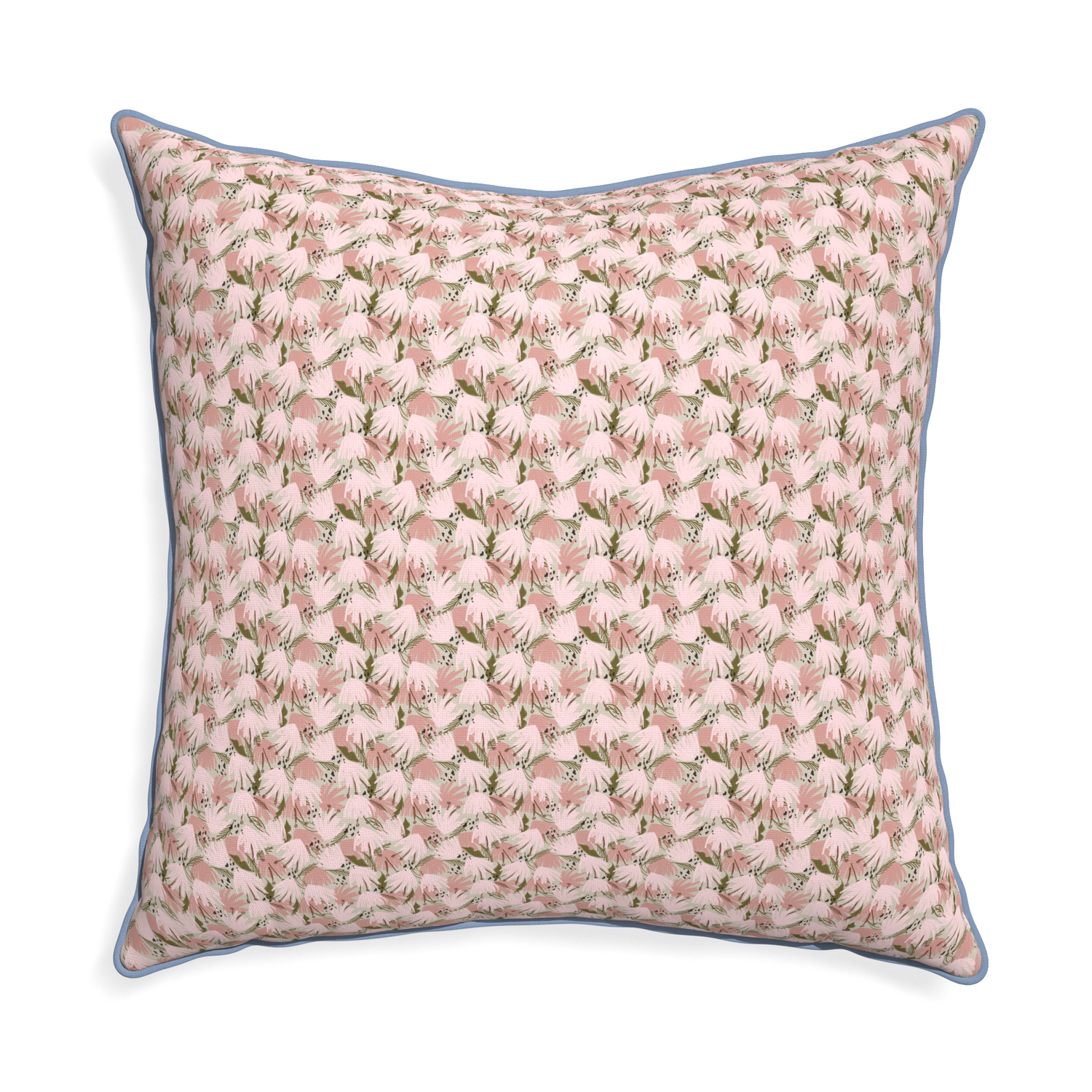 Euro-sham eden pink custom pink floralpillow with sky piping on white background
