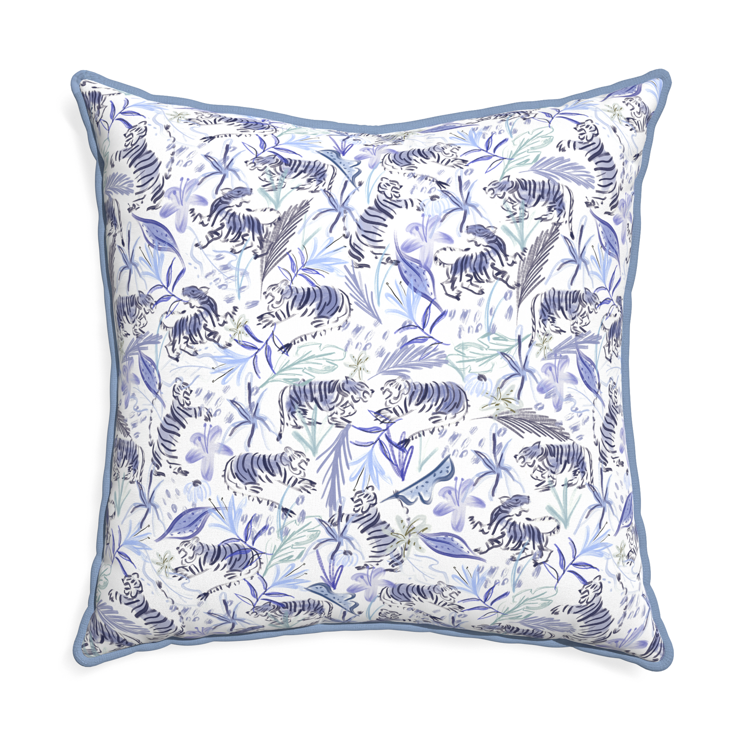 Euro-sham frida blue custom blue with intricate tiger designpillow with sky piping on white background