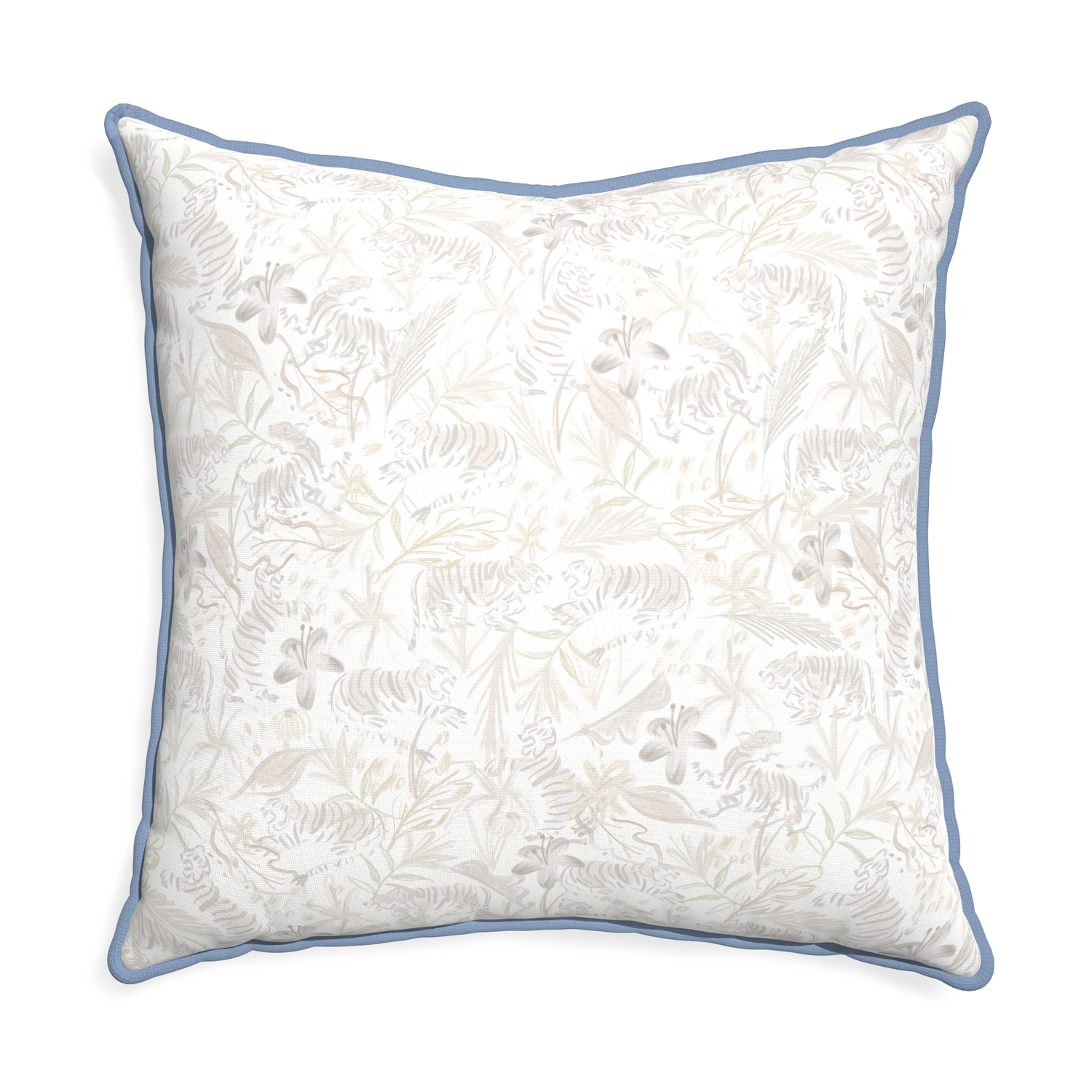 Euro-sham frida sand custom beige chinoiserie tigerpillow with sky piping on white background