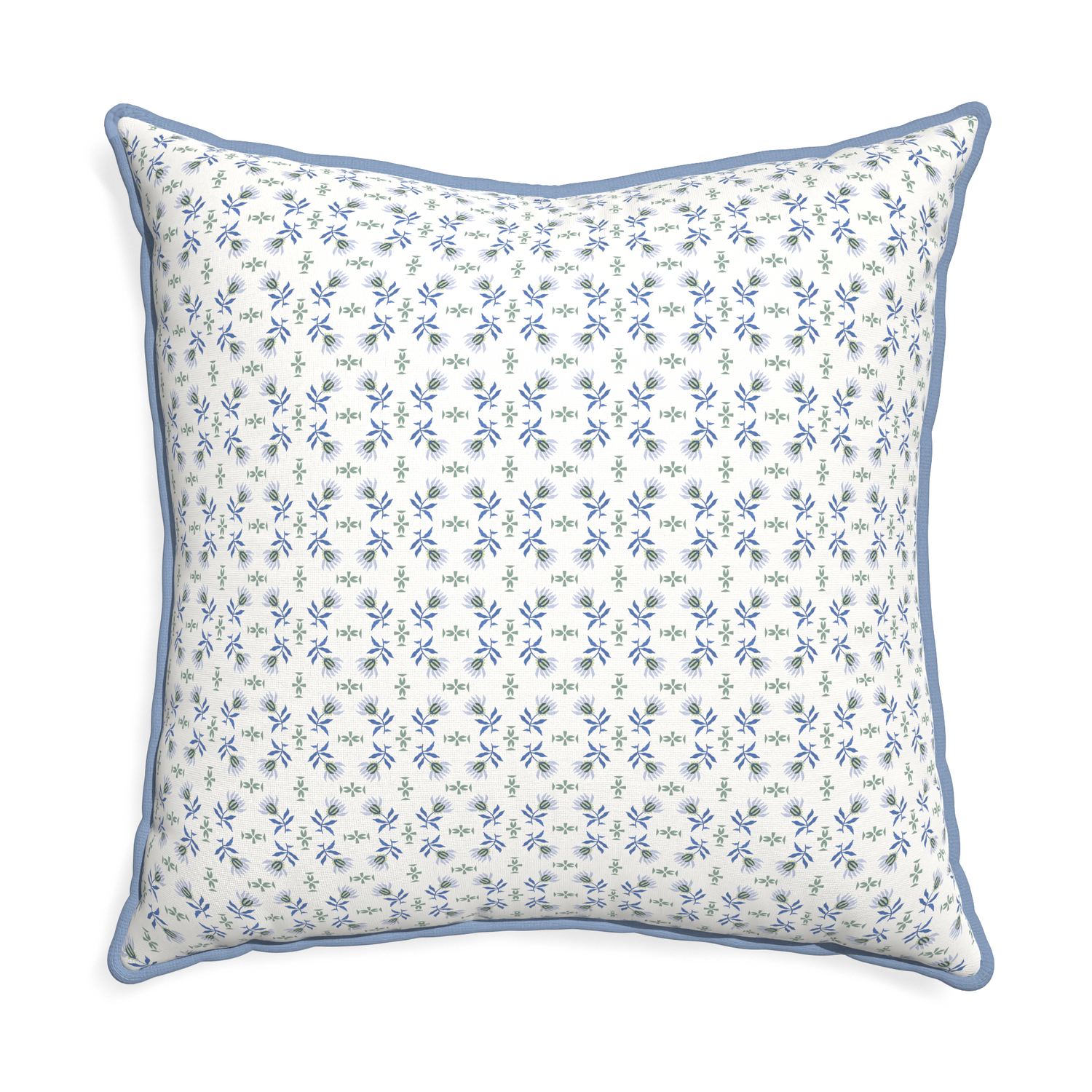 Euro-sham lee custom blue & green floralpillow with sky piping on white background