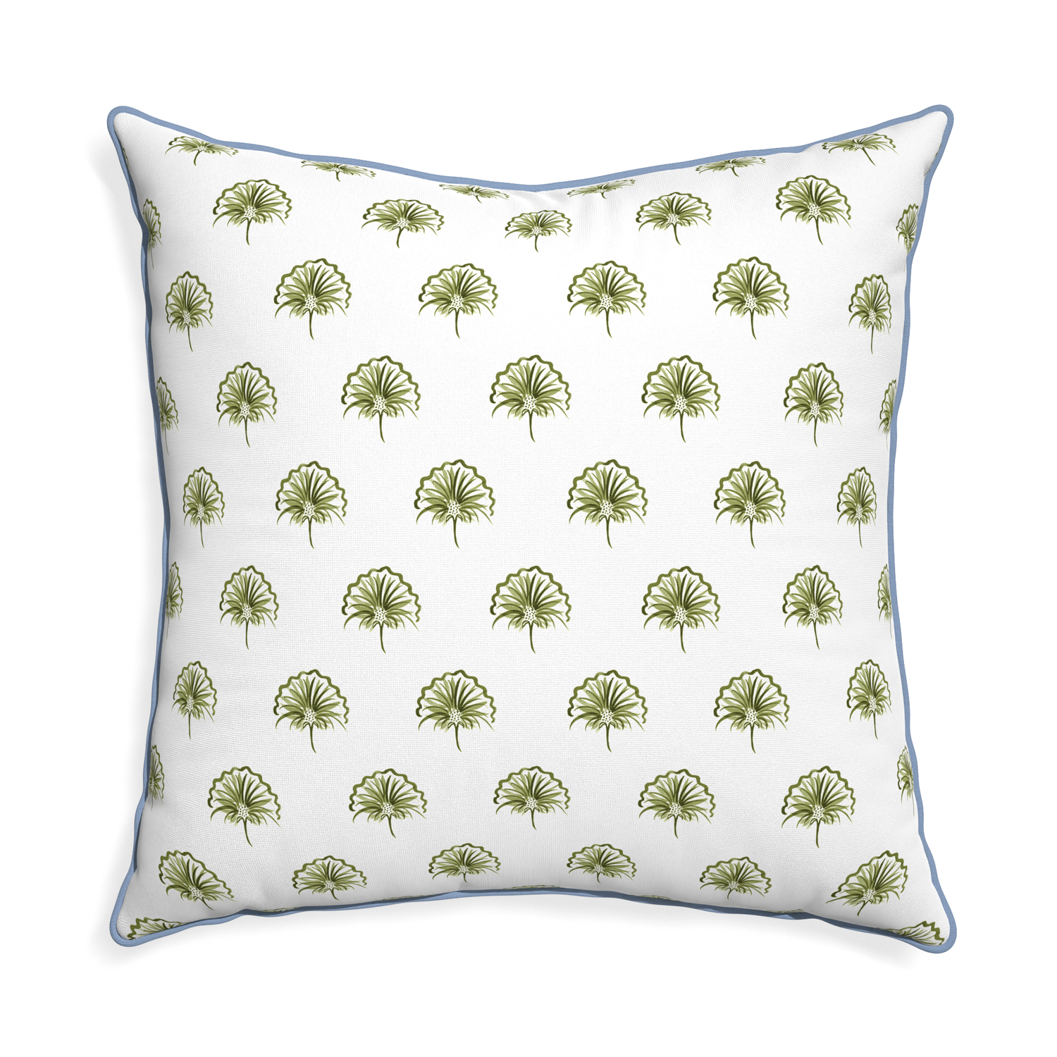 Euro-sham penelope moss custom green floralpillow with sky piping on white background
