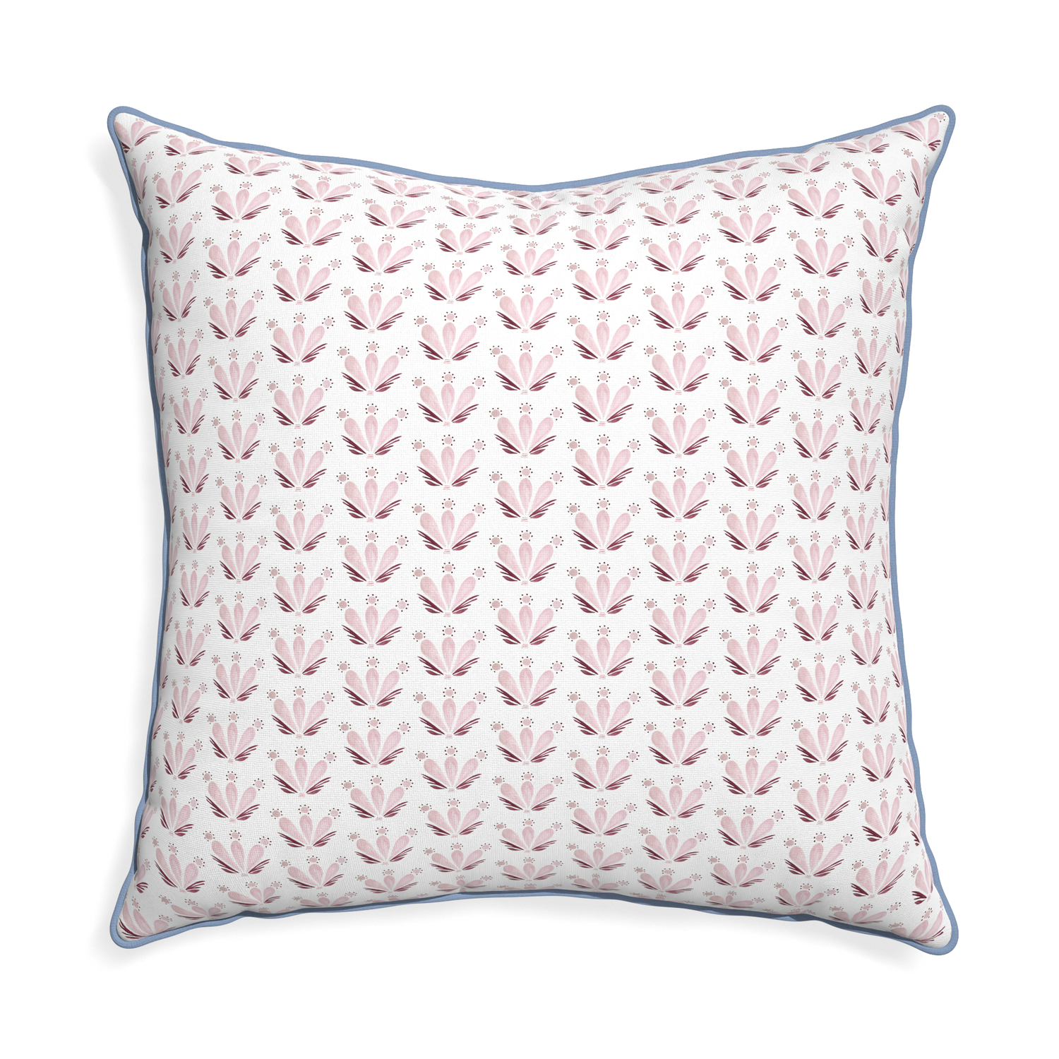 Euro-sham serena pink custom pink & burgundy drop repeat floralpillow with sky piping on white background
