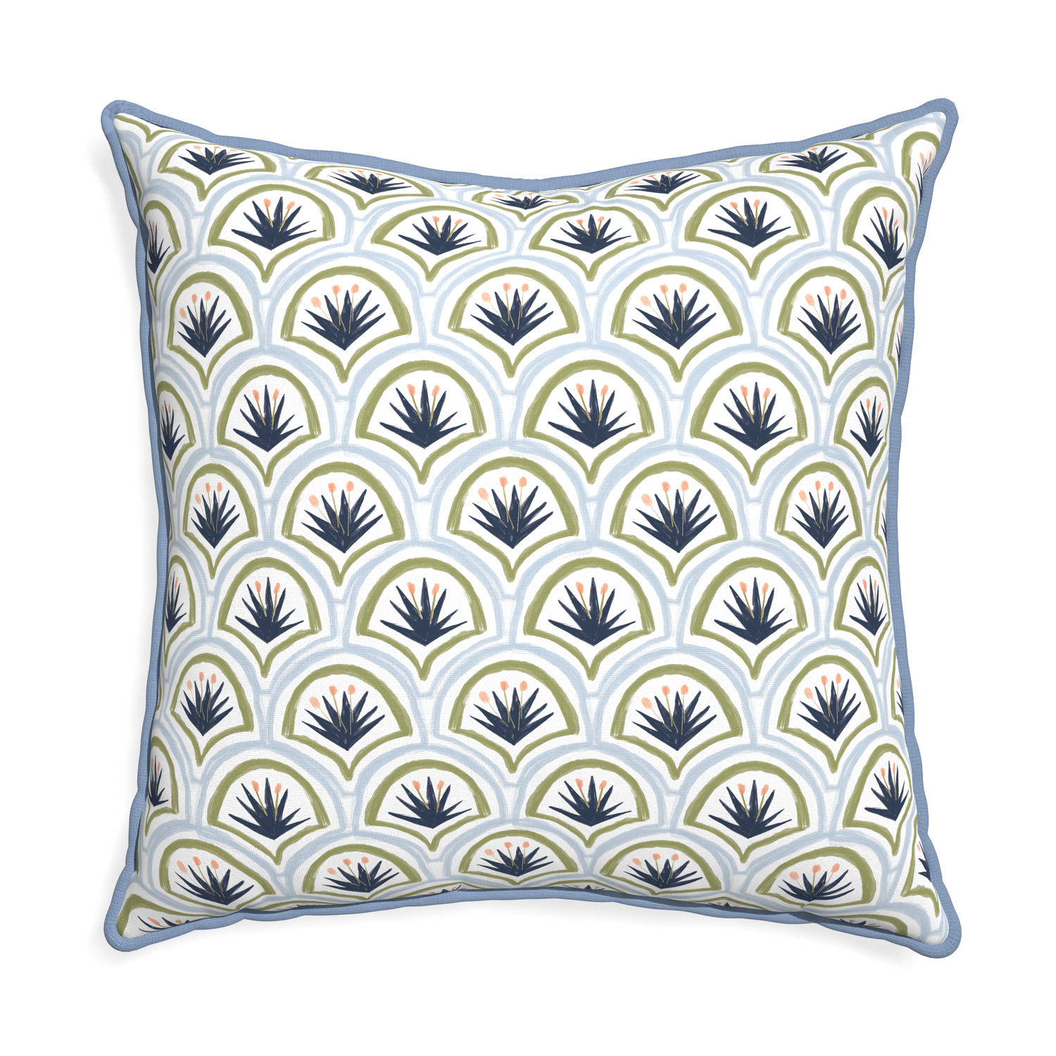 Euro-sham thatcher midnight custom art deco palm patternpillow with sky piping on white background