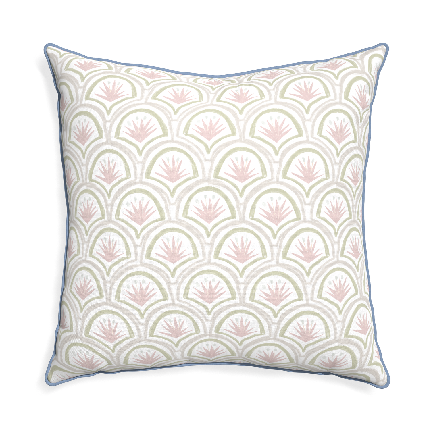 Euro-sham thatcher rose custom pink & green palmpillow with sky piping on white background