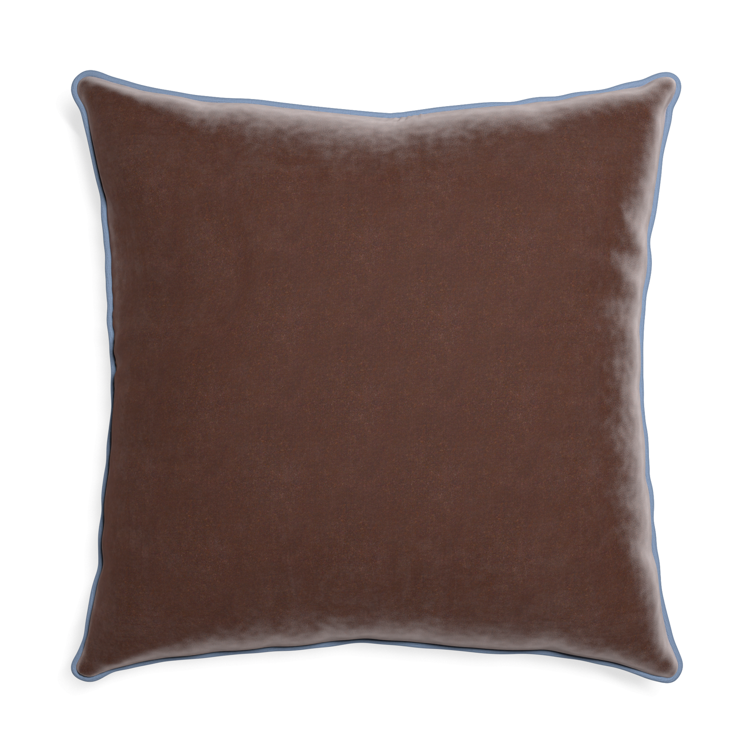 square brown velvet pillow with sky blue piping