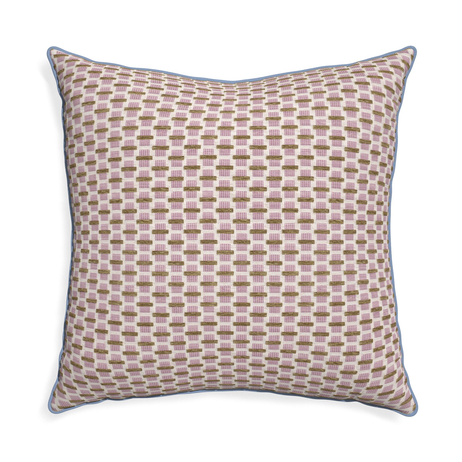 Euro-sham willow orchid custom pink geometric chenillepillow with sky piping on white background