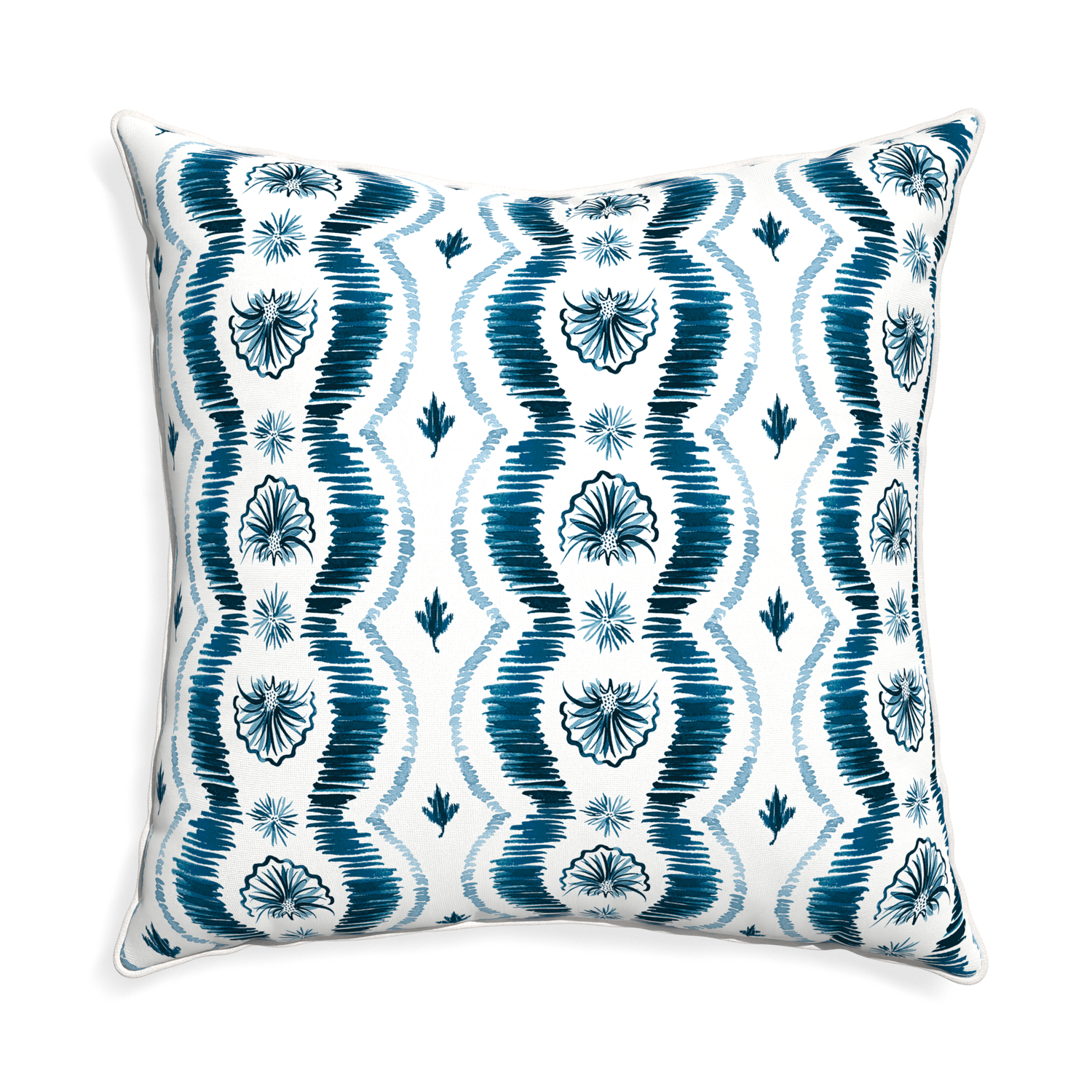 Euro-sham alice custom blue ikatpillow with snow piping on white background