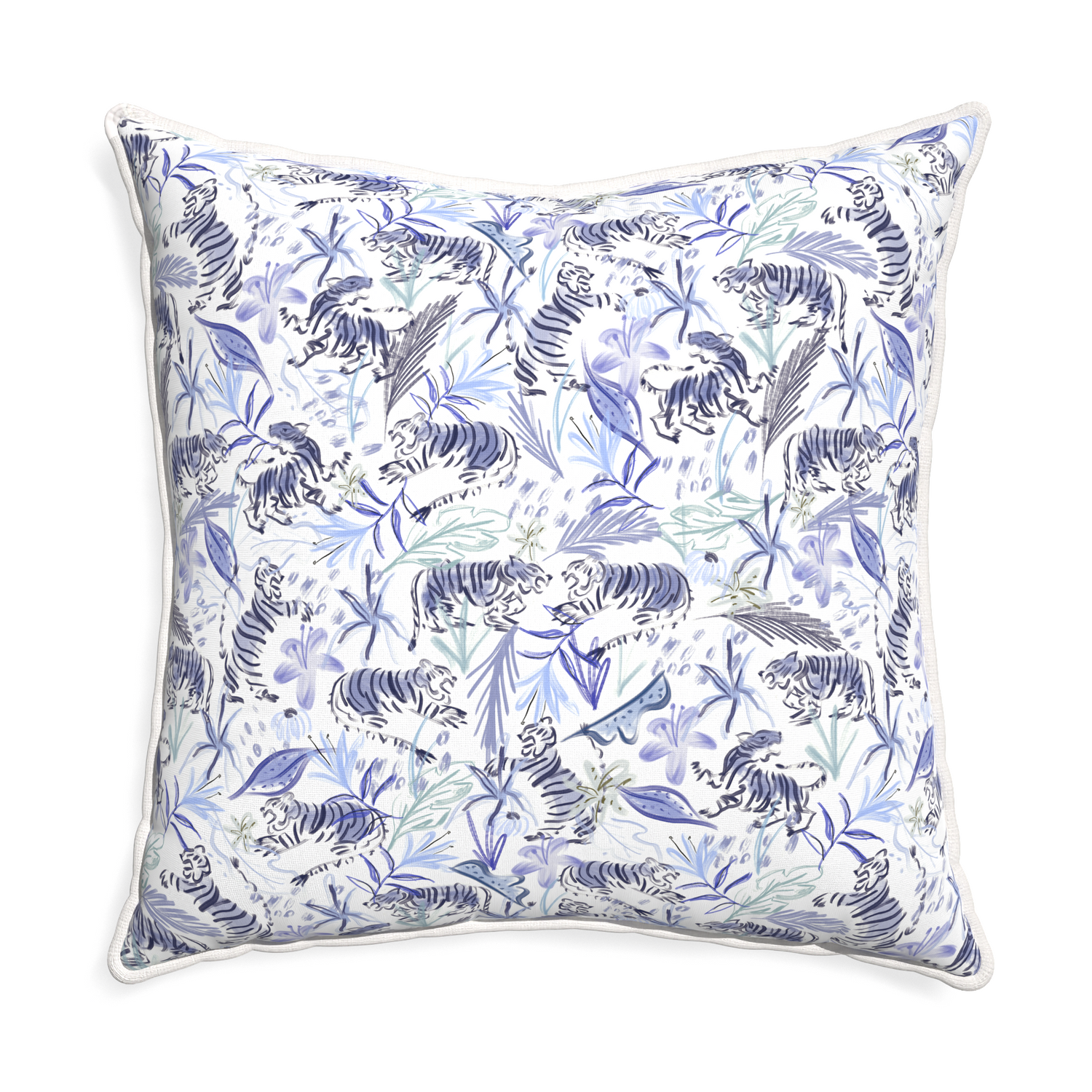 Euro-sham frida blue custom blue with intricate tiger designpillow with snow piping on white background
