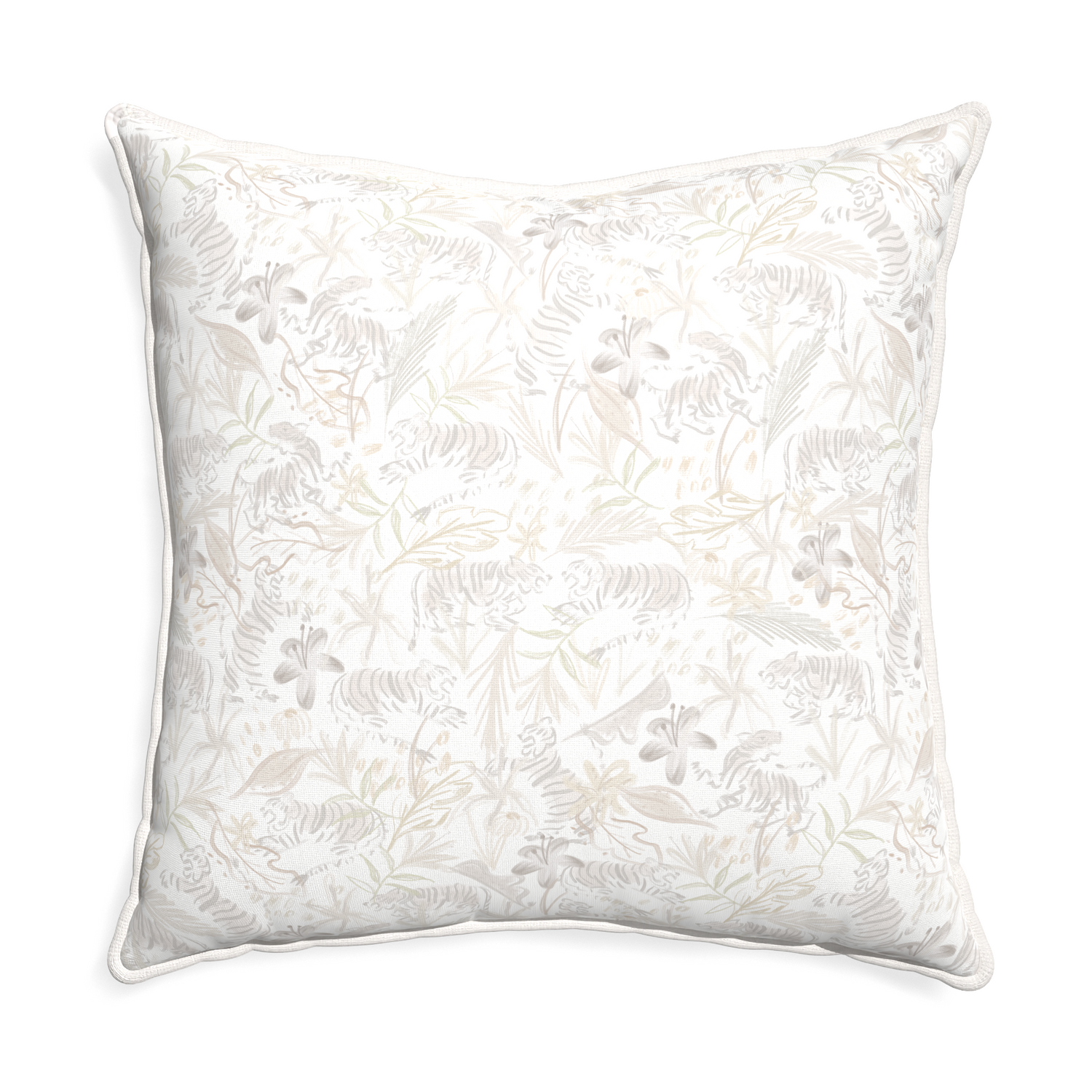 Euro-sham frida sand custom beige chinoiserie tigerpillow with snow piping on white background