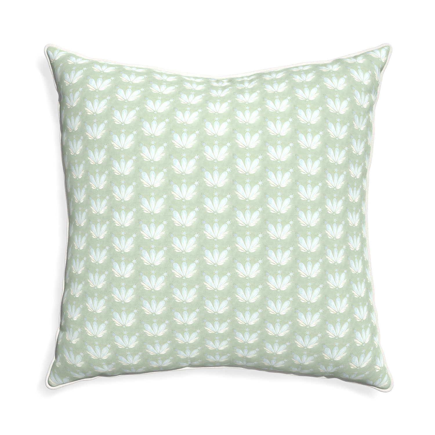 Euro-sham serena sea salt custom blue & green floral drop repeatpillow with snow piping on white background