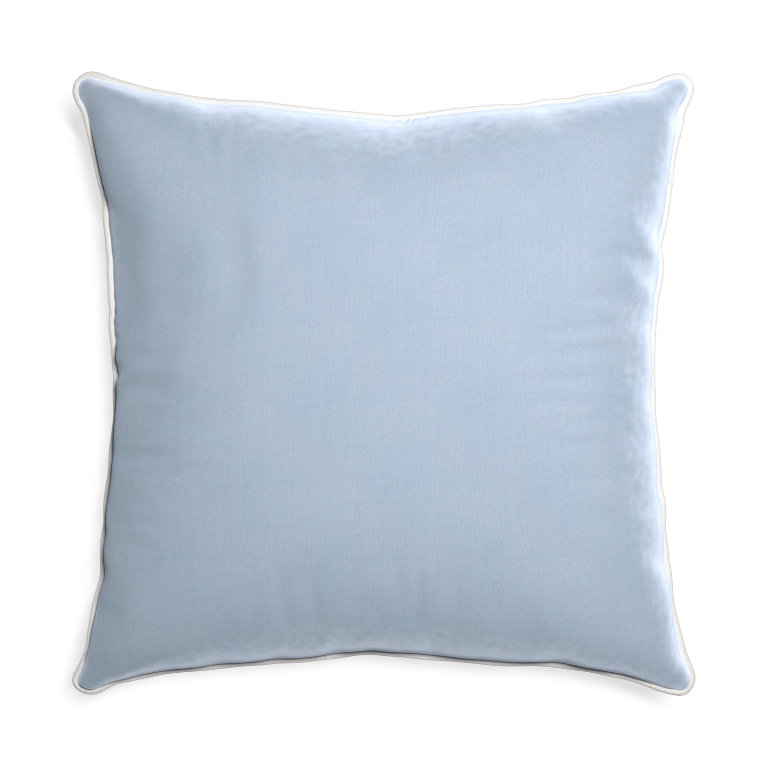 square light blue velvet pillow with white piping 