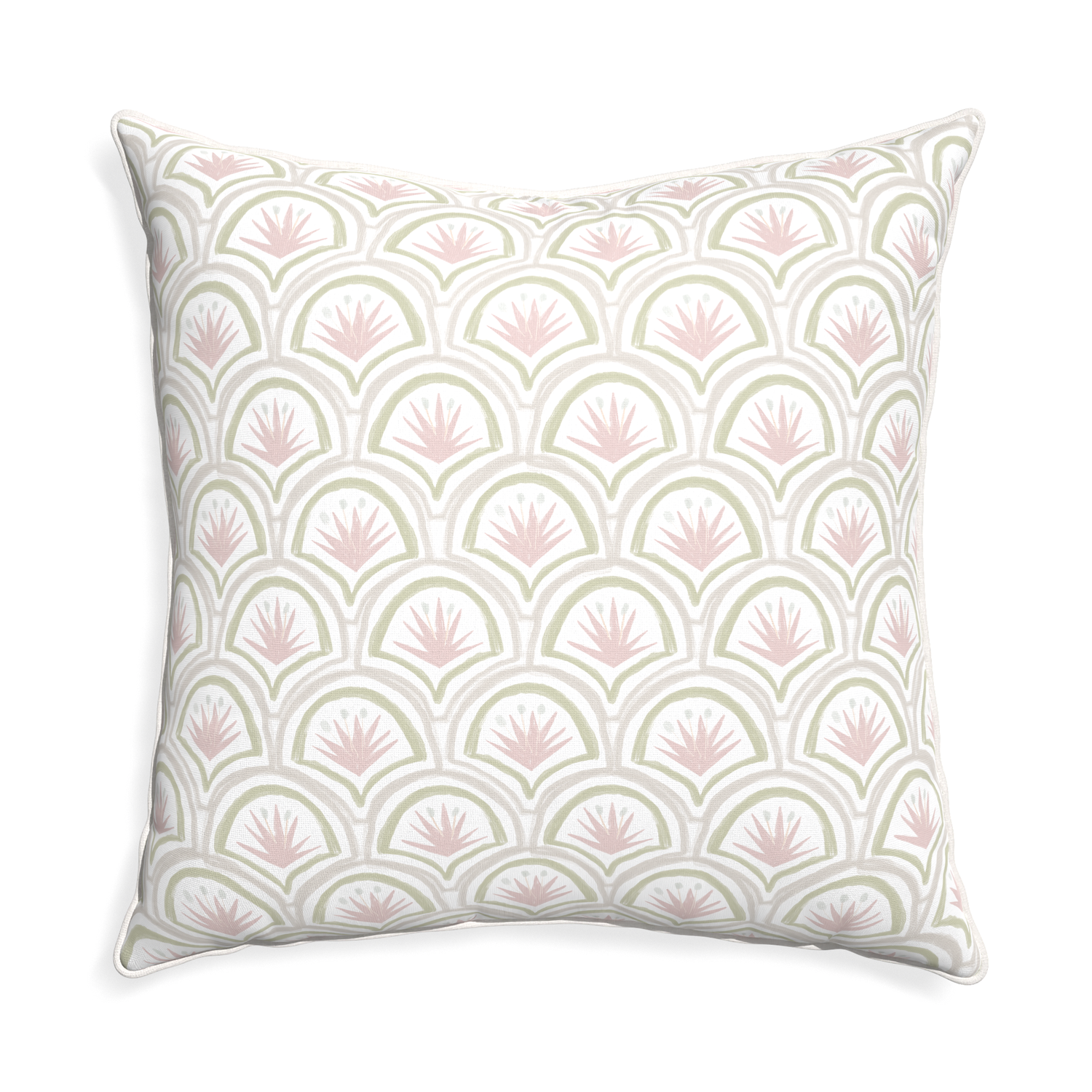 Euro-sham thatcher rose custom pink & green palmpillow with snow piping on white background