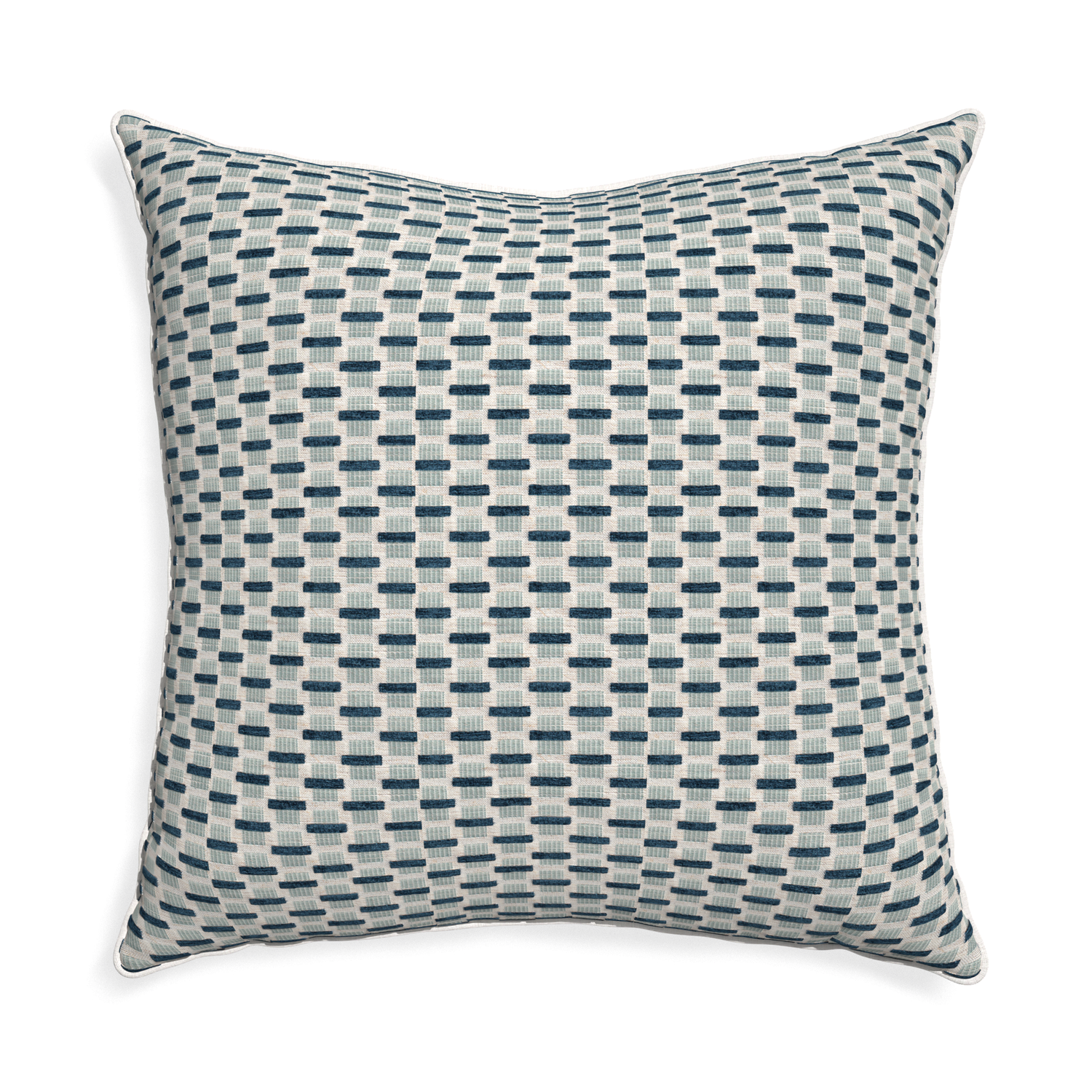Euro-sham willow amalfi custom blue geometric chenillepillow with snow piping on white background