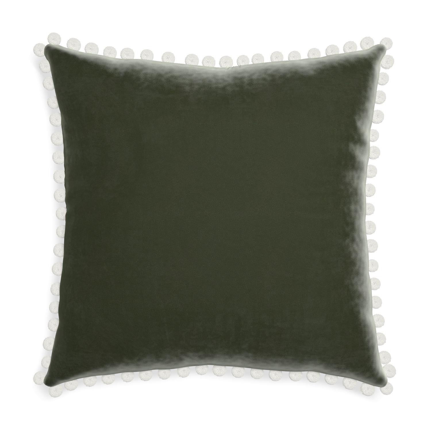 square fern green velvet pillow with white pom poms