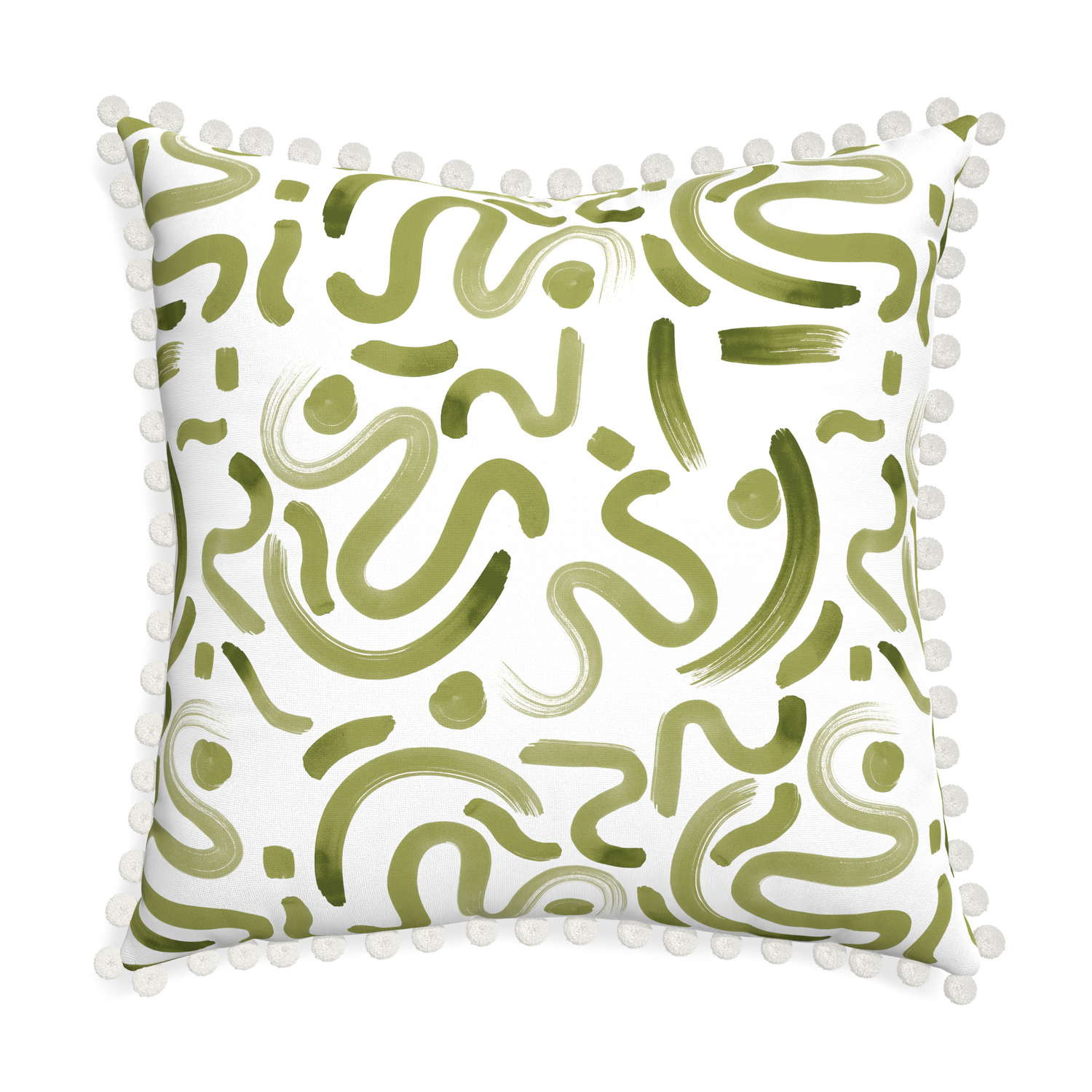 Euro-sham hockney moss custom pillow with snow pom pom on white background