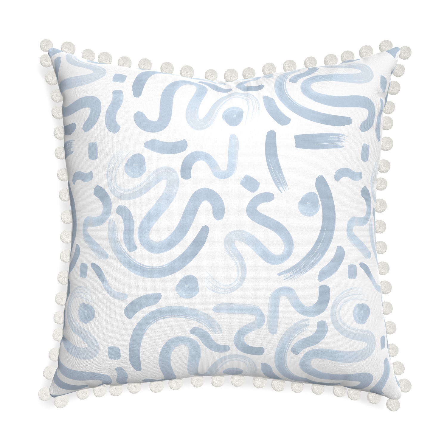 Euro-sham hockney sky custom pillow with snow pom pom on white background