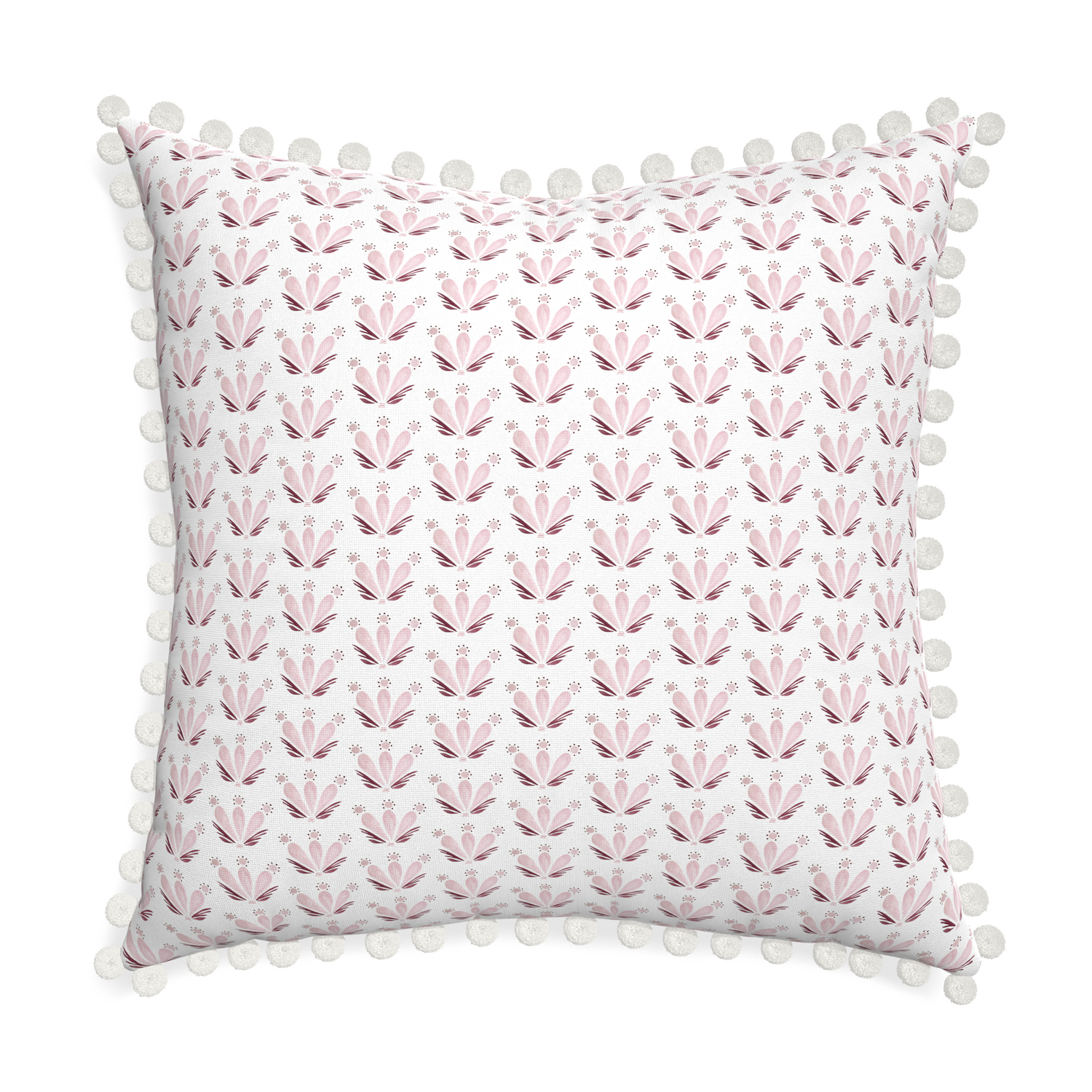 Euro-sham serena pink custom pink & burgundy drop repeat floralpillow with snow pom pom on white background