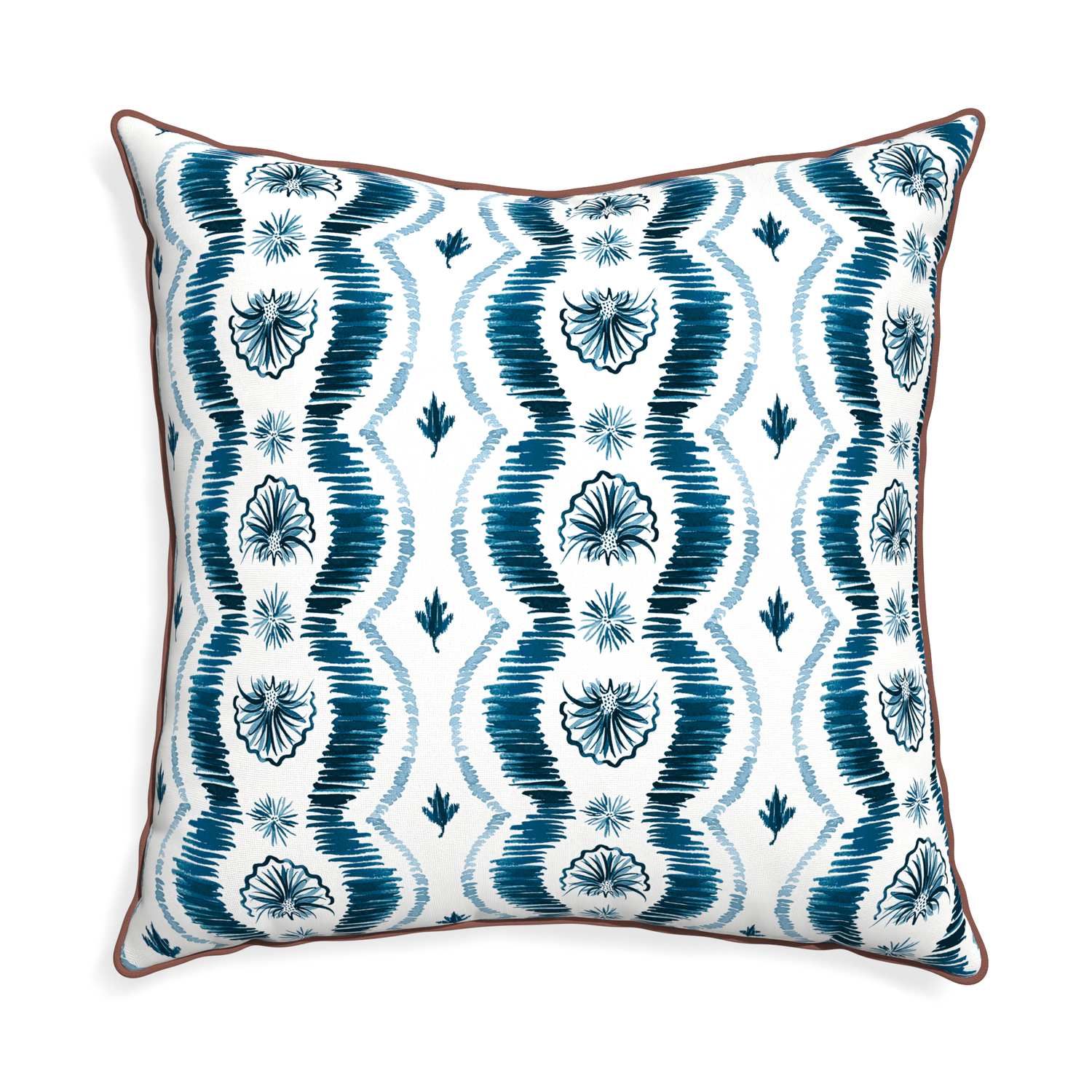Euro-sham alice custom blue ikatpillow with w piping on white background