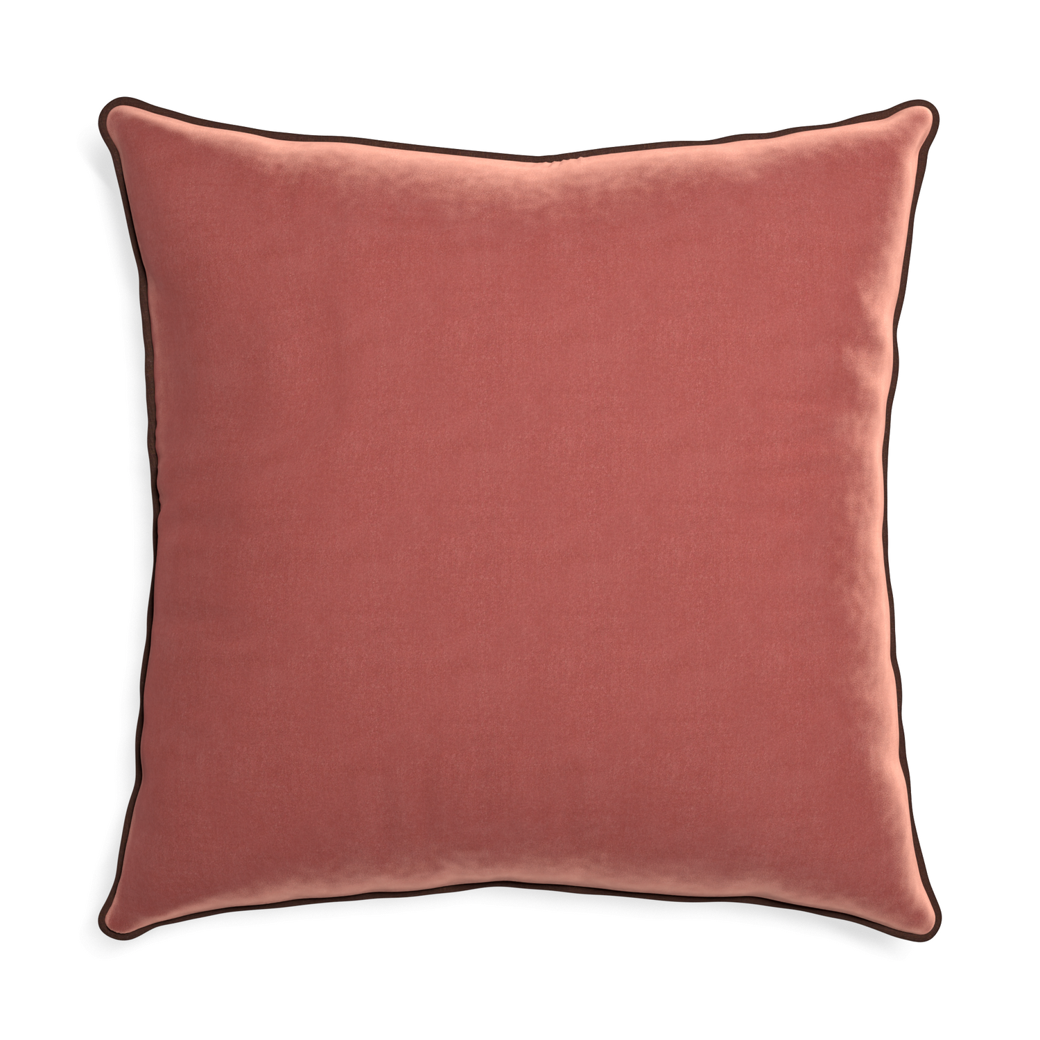 square coral velvet pillow with brown piping