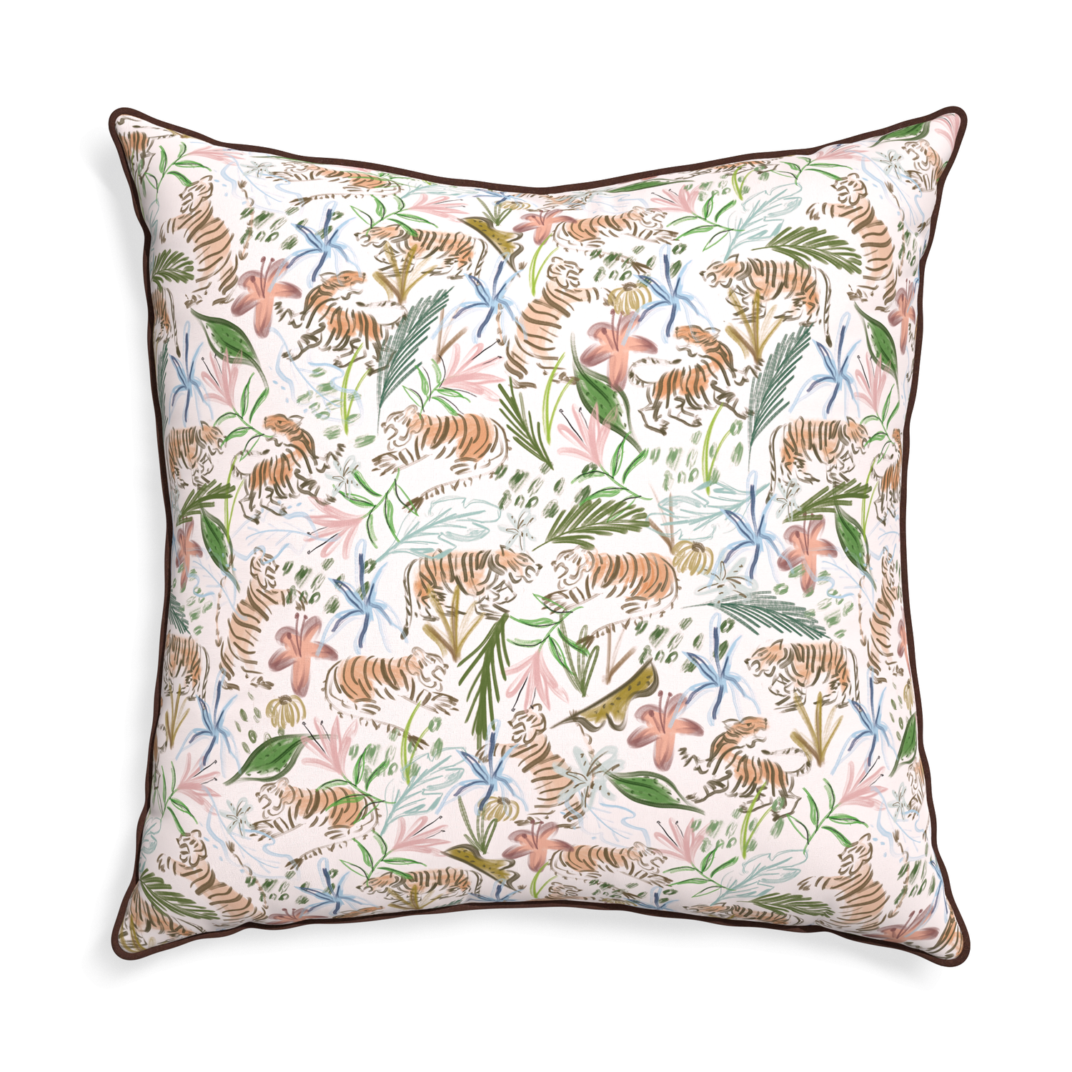 Euro-sham frida pink custom pink chinoiserie tigerpillow with w piping on white background