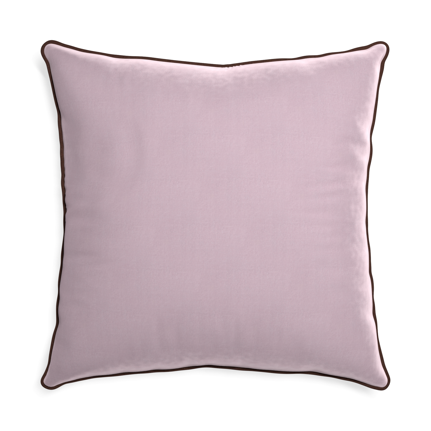 square lilac velvet pillow with brown piping