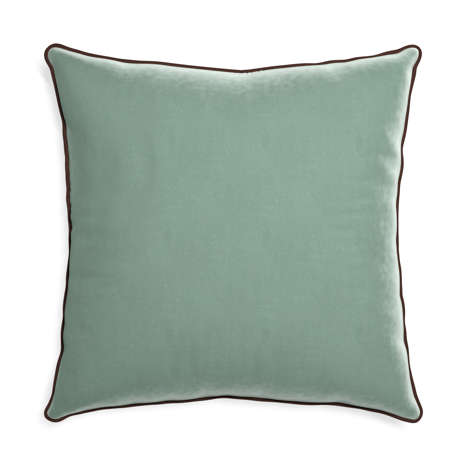 square blue green velvet pillow with brown piping