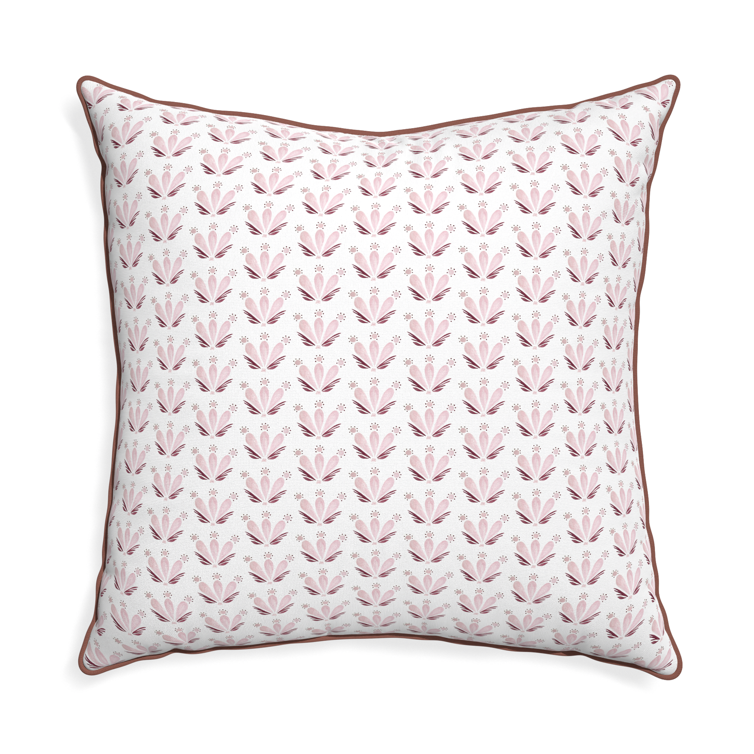 Euro-sham serena pink custom pink & burgundy drop repeat floralpillow with w piping on white background