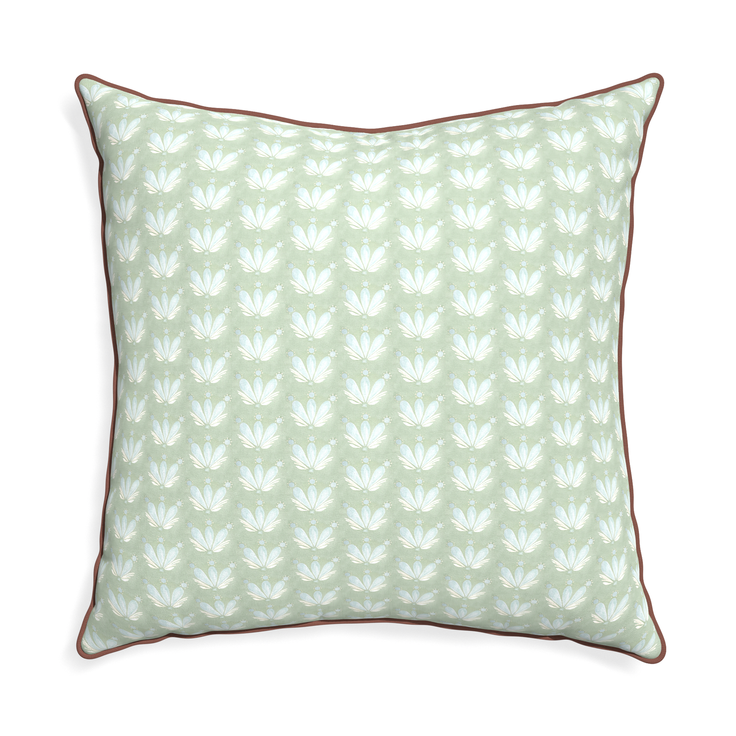 Euro-sham serena sea salt custom blue & green floral drop repeatpillow with w piping on white background