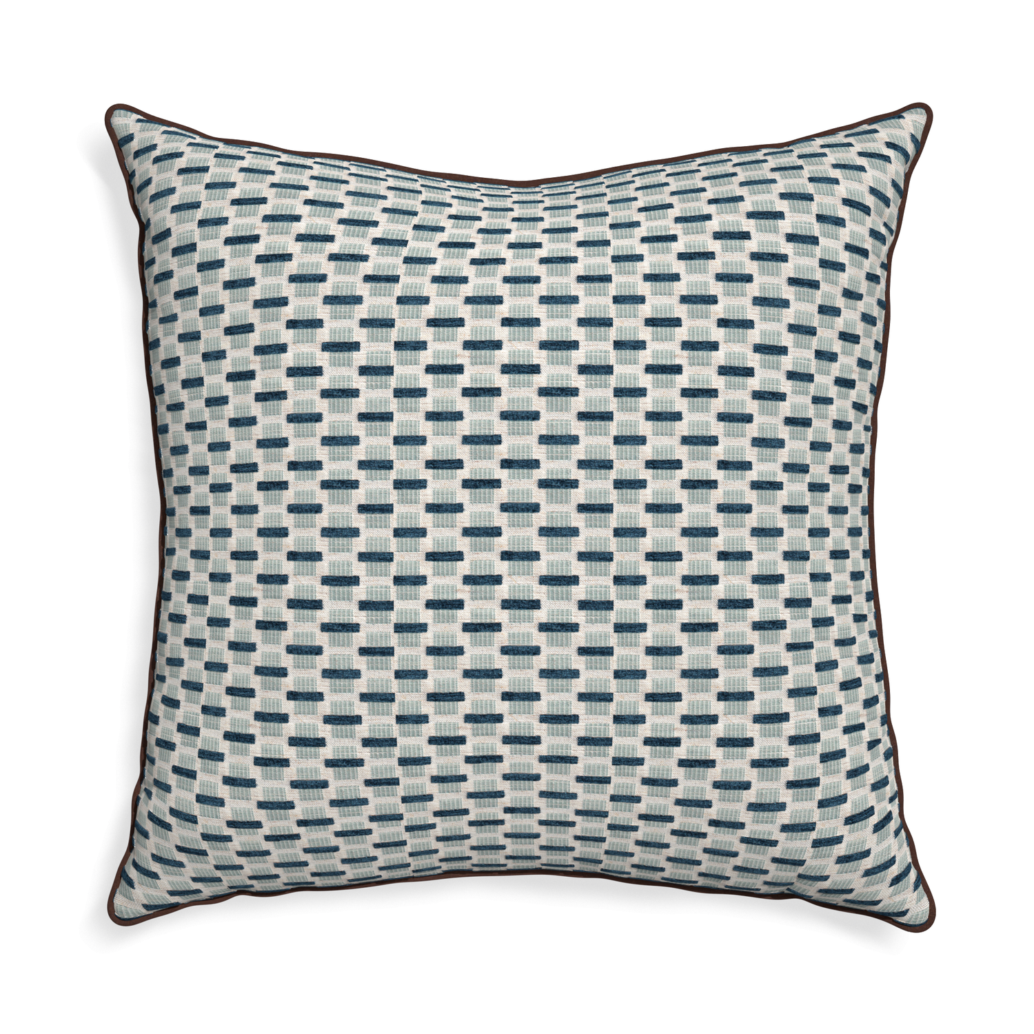 Euro-sham willow amalfi custom blue geometric chenillepillow with w piping on white background