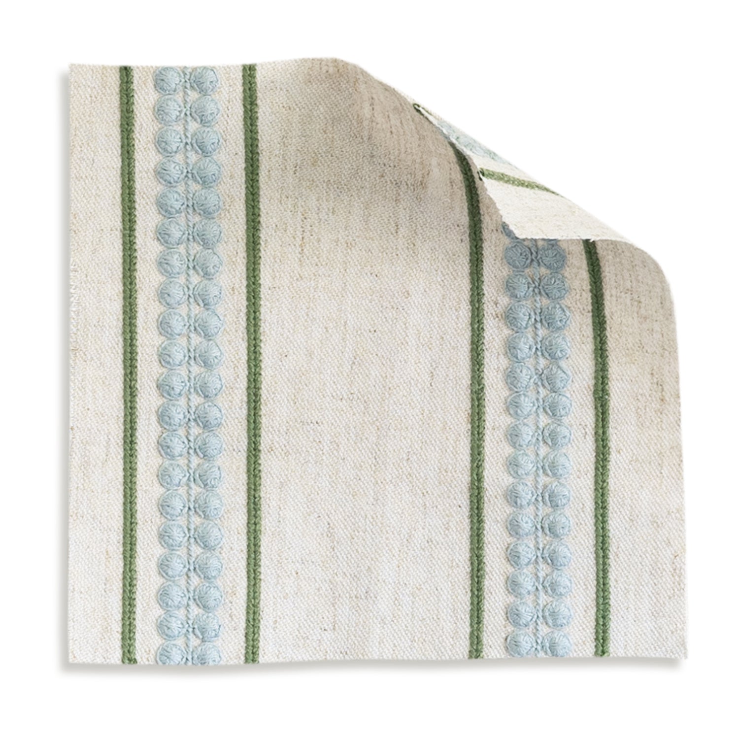 Margot Fern fabric swatch in neutral beige with green stripes and embroidered blue fern pattern for custom decor projects