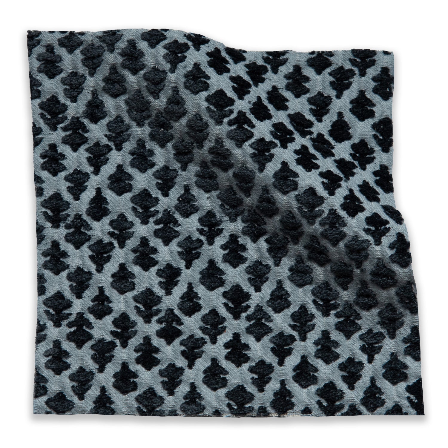 Quinn Aegean fabric swatch in soft blue with textured black floral pattern, perfect for custom made-to-order decor projects