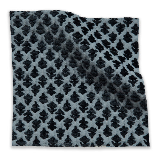 Quinn Aegean fabric swatch in soft blue with textured black floral pattern, perfect for custom made-to-order decor projects