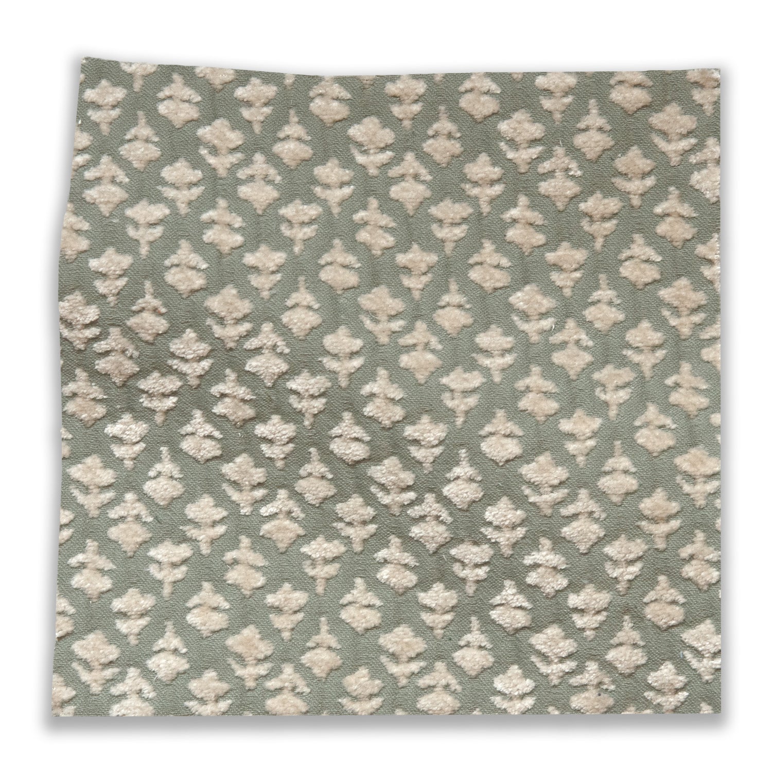 Quinn Sage fabric swatch with raised cream floral pattern on muted green, ideal for fast, custom upholstery projects