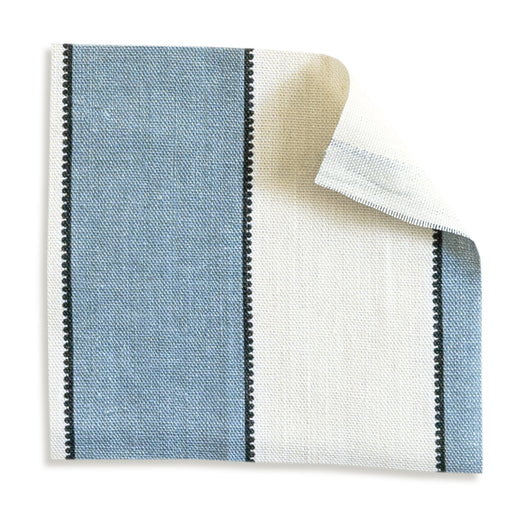 Florence Harbor fabric sample showing bold blue stripes with scalloped edges for custom made-to-order Pepper Home curtains.