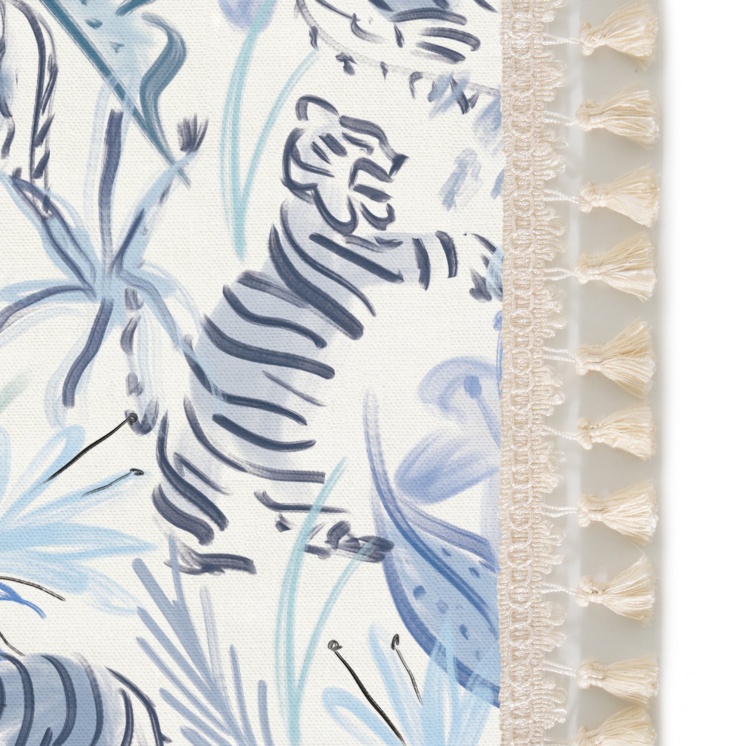 Upclose picture of Frida Blue custom Blue With Intricate Tiger Designcurtain with cream tassel trim