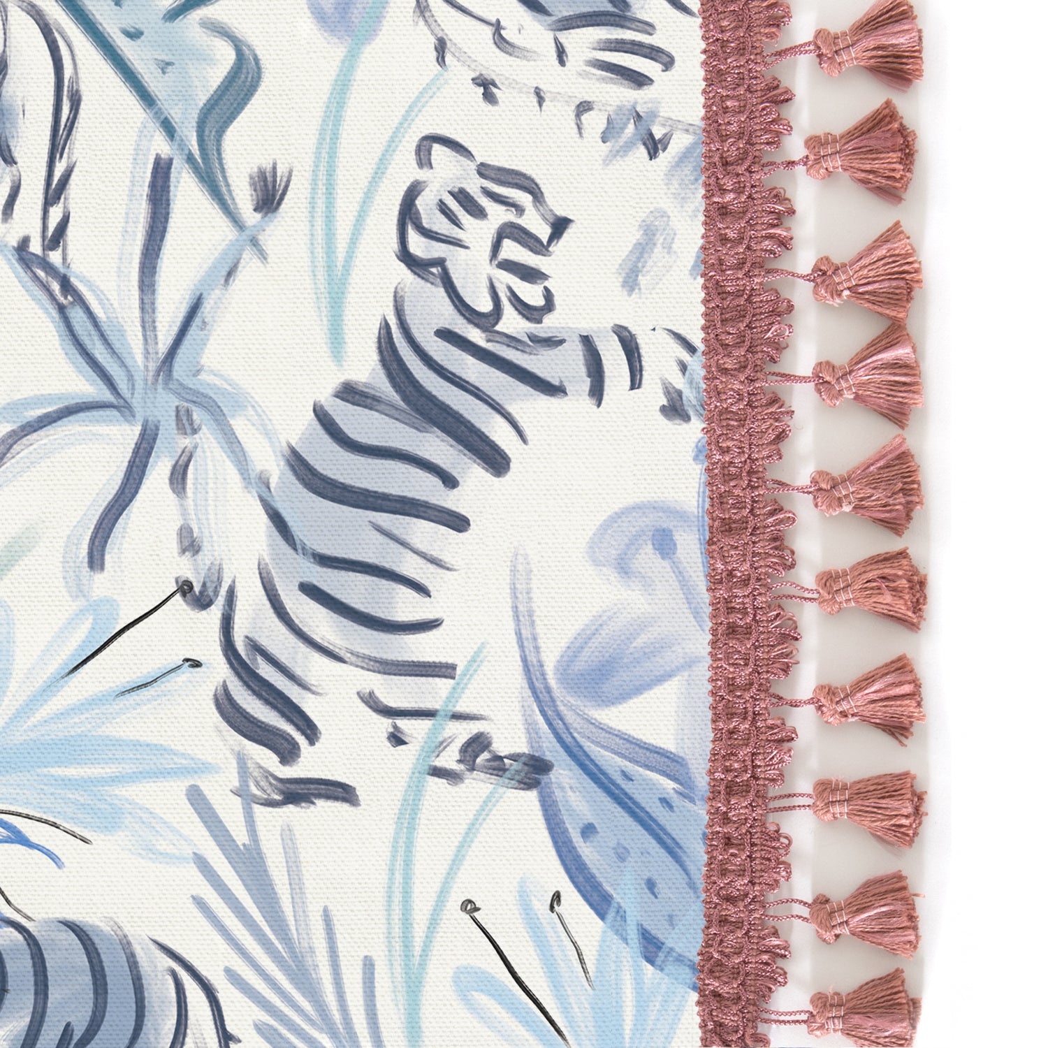 Upclose picture of Frida Blue custom Blue With Intricate Tiger Designcurtain with dusty rose tassel trim