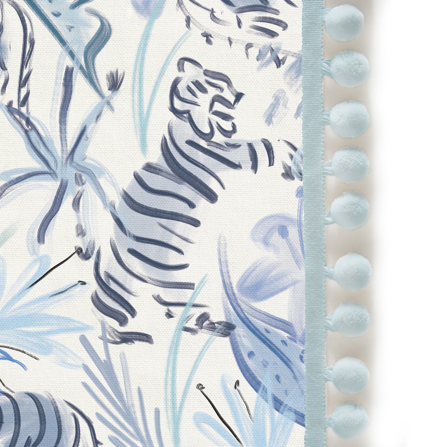 Upclose picture of Frida Blue custom Blue With Intricate Tiger Designcurtain with powder pom pom trim